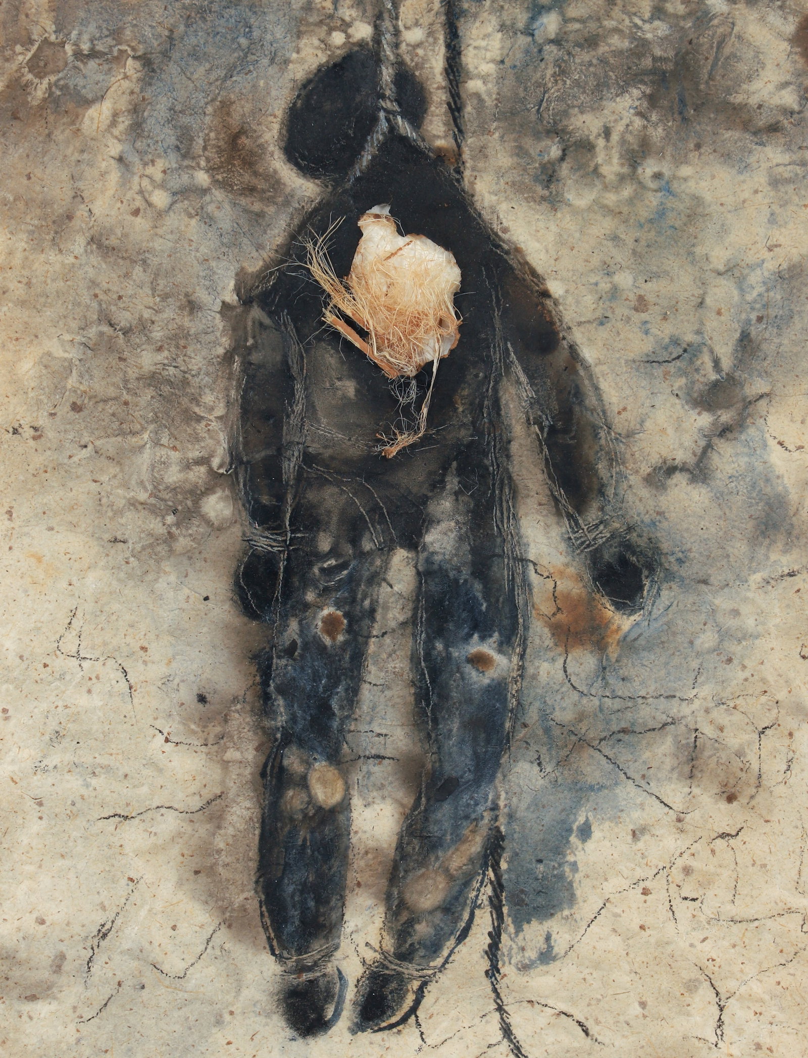 Donna Hollen Bolmgren collage and mixed media Lynching: Bolmgren, Donna Hollen (American/Pittsburgh, 1935-2013), The Lynching, 1980's , mixed media and collage on hand made paper, 16 x 13.5 inches, signed lower right, framed measuring 22.5 x 18.5 inches. P