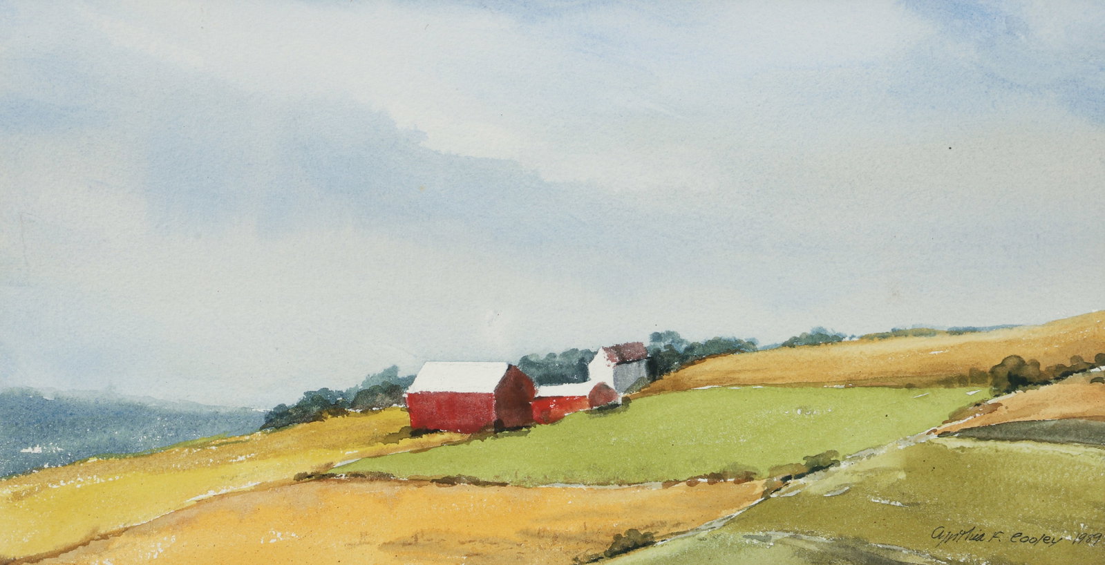 Cynthia Cooley Watercolor on Paper Pastoral Scene 1989: Cooley, Cynthia (American/Pittsburgh, PA, Contemporary), Pastoral Scene, watercolor on paper, signed and dated at lower right. Sight 8.25 x 15.75 inches, matted, behind glass, and in a 17 x 24 inch si