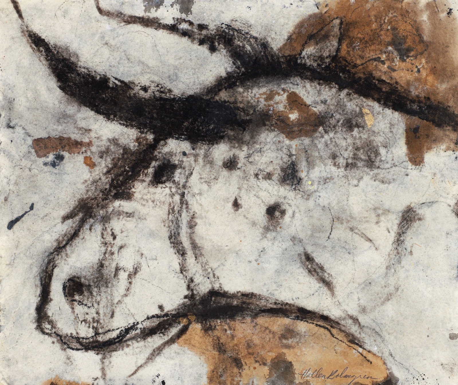 Donna Hollen Bolmgren handmade paper painting Bull: Hollen-Bolmgren, Donna (American/Pittsburgh, 1935-2013), Untitled (Bull) , handmade paper, 14 x 16.5 inches, Pencil signed Hollen Bolmgren lower right. Provenance: acquired from the artist. Frame Type