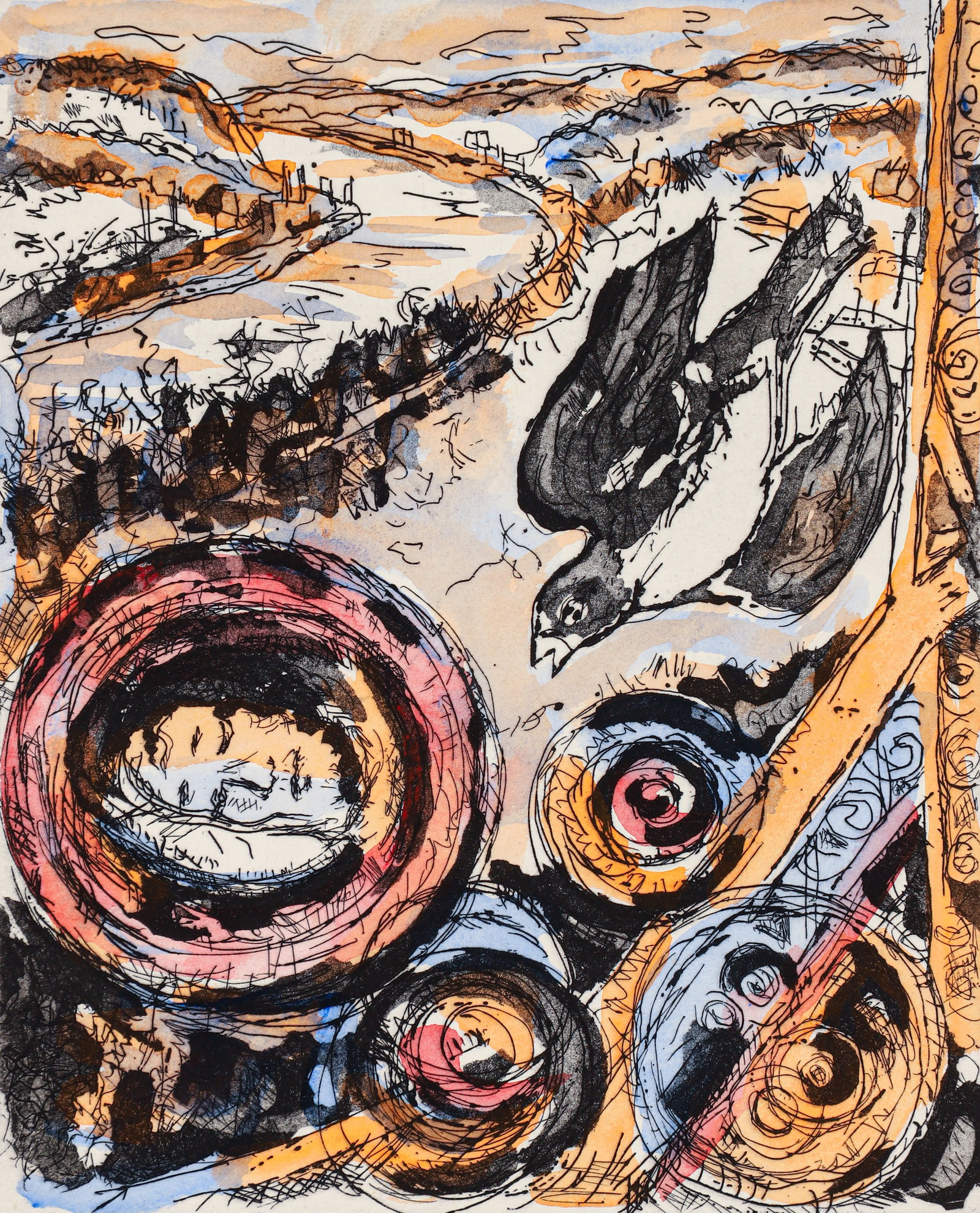 Bob Qualters hand color etching Slated Wings in January (1 of 3)