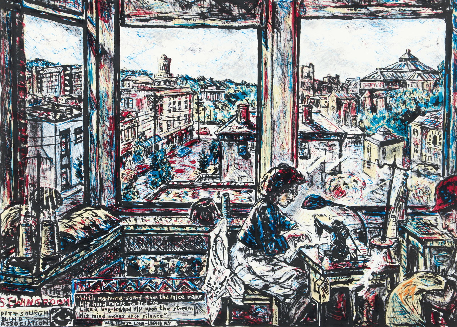 Robert Qualters signed print The Sewing Room: Qualters, Robert (American, born 1934), The Sewing Room, lithograph printed in colors, Dimensions: 21 x 29 inches, pencil signed and numbered 28/100, framed measuring 28.5 x 36 inches.