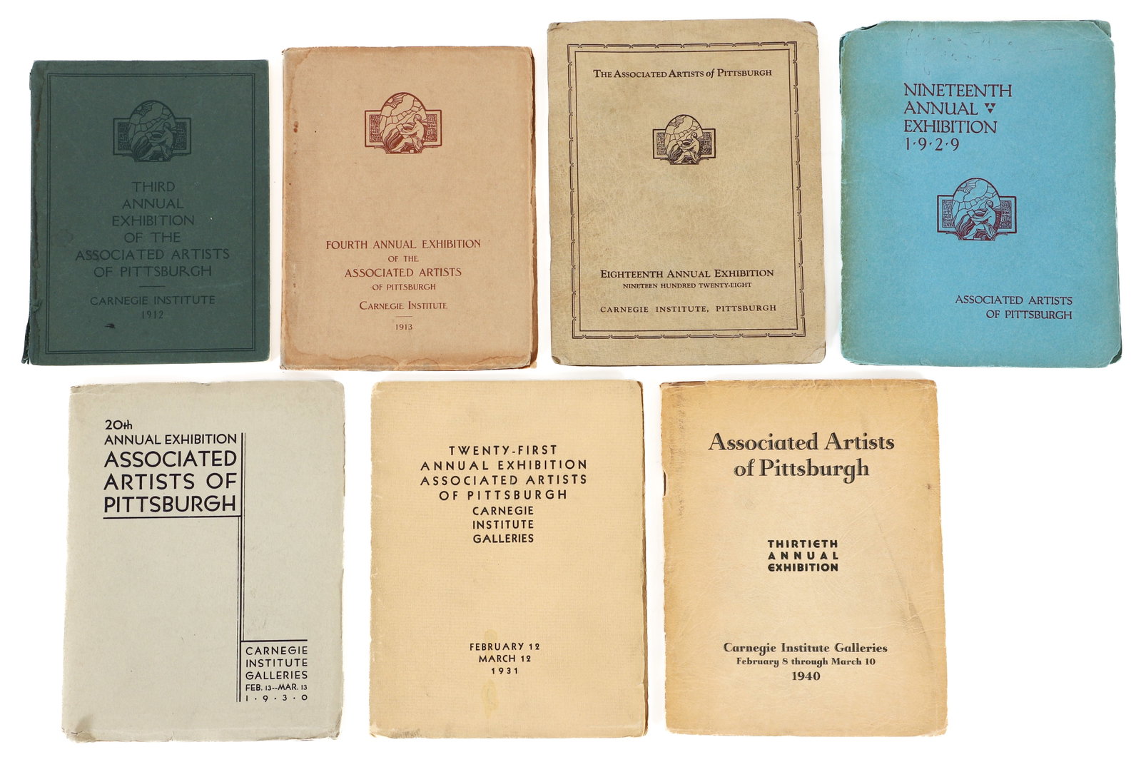7 early Associated Artists of Pittsburgh Exhibition Catalogs: 7 early Associated Artists of Pittsburgh Exhibition Catalogs: 1912, 1913, 1918, 1929, 1930, 1931, 1940. Softcovers, original wraps, each with black and white illustrations, 6.75 x 5.25 inches. The 191