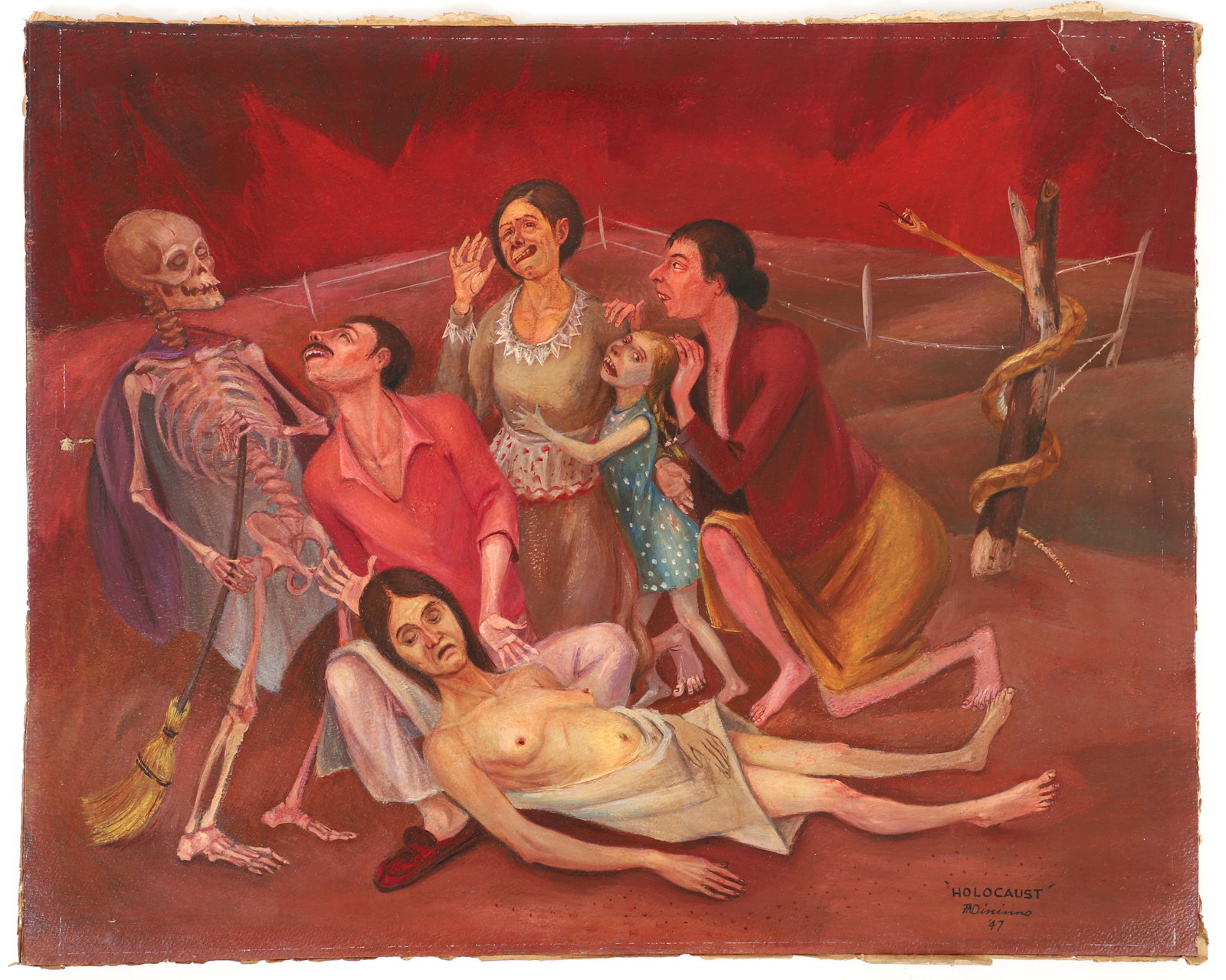 Frank Dininno 1947 oil on paper board Holocaust: Dininno, Frank (American/Western PA, 1919-1983), Holocaust, 1947, oil on thin paper board , 24 x 30 inches, signed, titled and dated lower right,