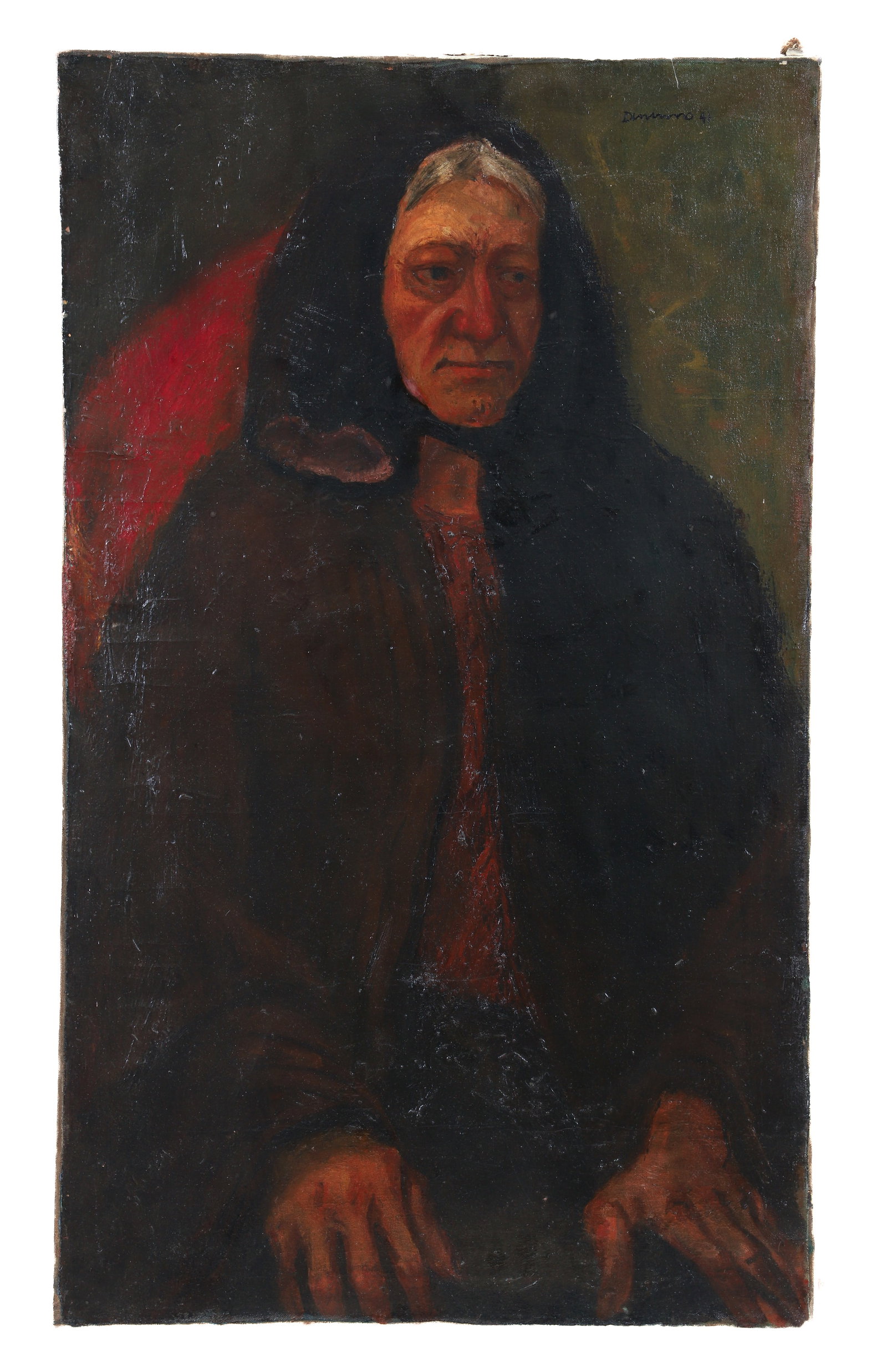 Frank Dininno 1941 oil portrait of an Old Lady: Dininno, Frank (American/Western PA, 1919-1983), The Dour Lady, 1941, oil on canvas, 40 x 24 inches, signed and dated upper right and signed and dated in canvas reverse,