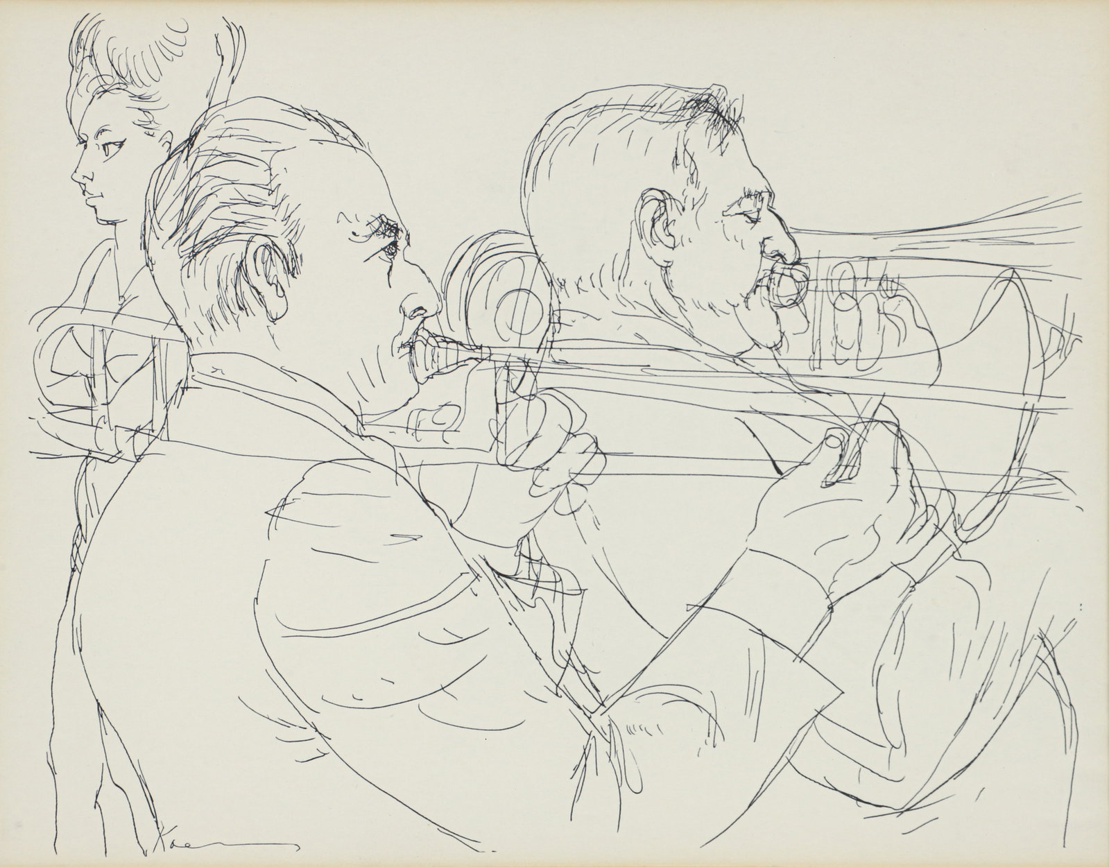 Henry Koerner Original Ink Drawing Jazz Trombonists: Koerner, Henry (Austrian/American/Pittsburgh, 1915-1991), Jazz Trombonists with Singer, undated, c.1950s, pen and ink on paper, signed lower left, 8 x 10.5 inches, matted and framed 12 x 14.5 inches. 