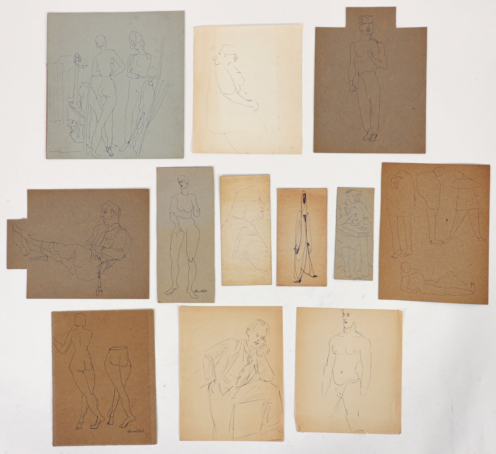 Leonard Lieb Large Group of Human Form Studies: Lieb, Leonard (Polish/American/Pittsburgh, 1912-1977), 12 Human Form Studies, undated, ink on board and paper, three signed lower right, 5 with smaller sketch on the verso, largest piece 12.5 x 11.5 i