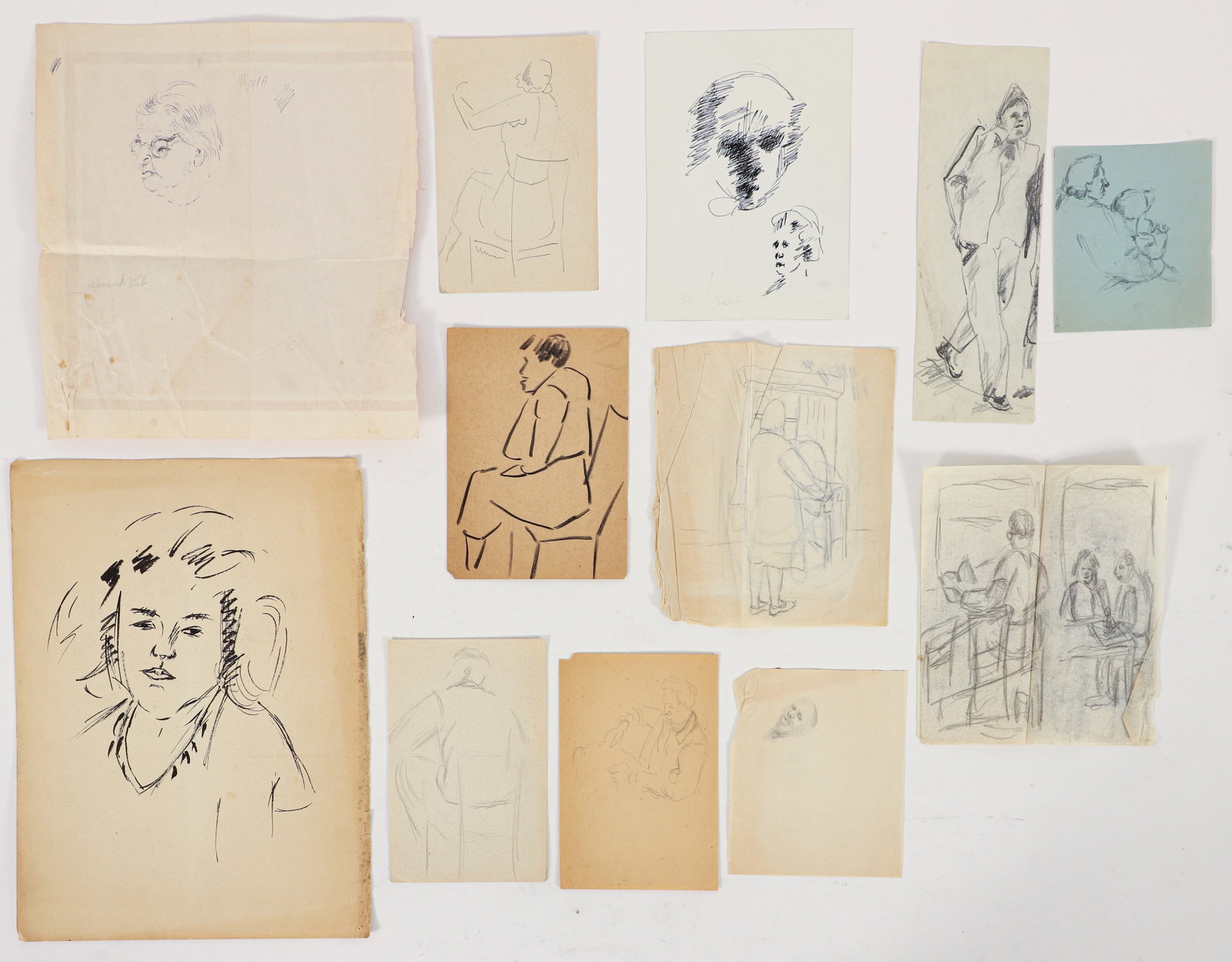 Leonard Lieb Large Group of Portrait Studies: Lieb, Leonard (Polish/American/Pittsburgh, 1912-1977), 12 Portrait Studies, undated, ink and pencil on a variety of paper types, two signed lower left, largest piece 11.75 x 9 inches, unframed. Proven