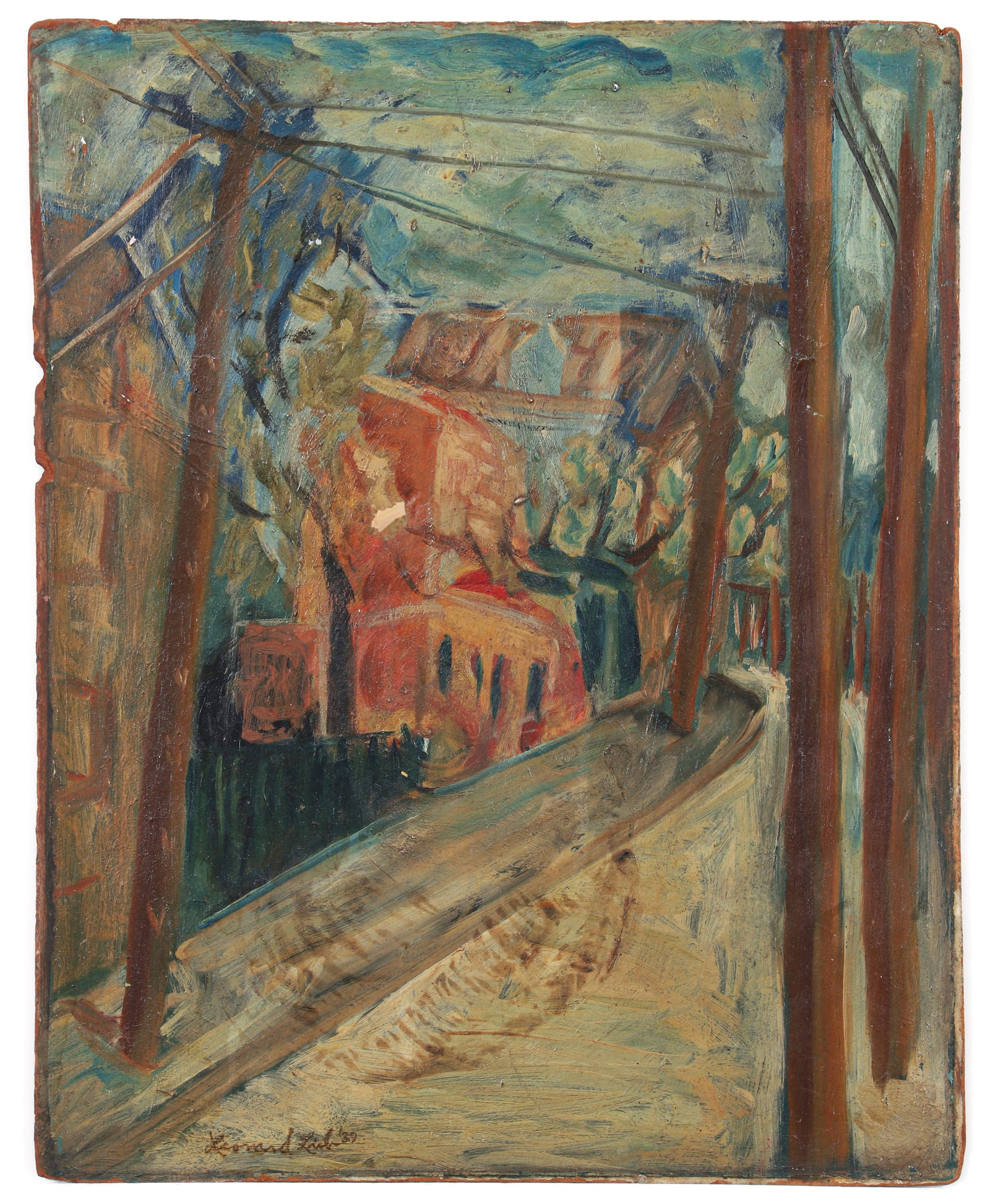 Leonard Lieb Pittsburgh Hillside Oil on Board 1939: Lieb, Leonard (Polish/American/Pittsburgh, 1912-1977), Untitled Pittsburgh Hillside, 1939, oil on board, signed and dated lower left, 20 x 16 inches, unframed. Likely a scene from Pittsburgh's Hill Di