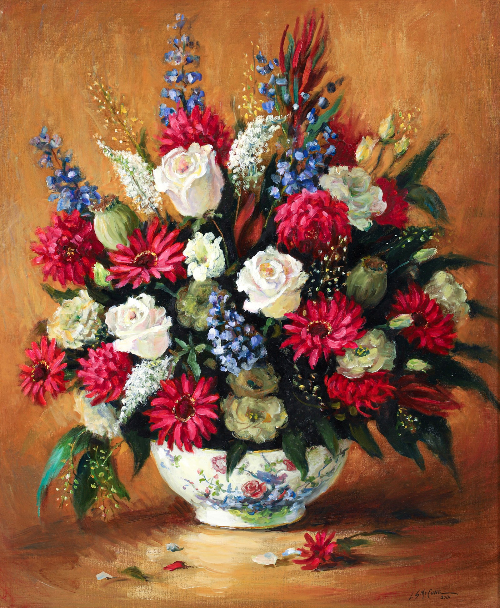 Lois McCune Oil on Canvas Flowers in Vase: McCune, Lois (American/Pittsburgh, Contemporary), Flowers in Vase, late 20th century, signed in lower area. Canvas 36. x 31 inches, in a 43.5 x 37.5 inch frame. Lois McCune is an American artist from 
