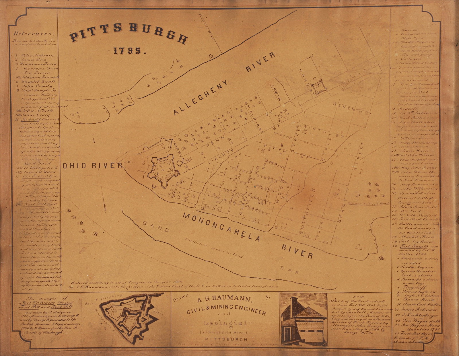 Pittsburgh 1795 Early Map of Pittsburgh showing Fort Pitt: Map with insets and legend identifying homeowners and an add for A. G. Hauman Civil Engineer, 12.5 x 15.5 inches, framed in a 19th Century print frame measuring 18 x 21.5 inches. Provenance: The perso