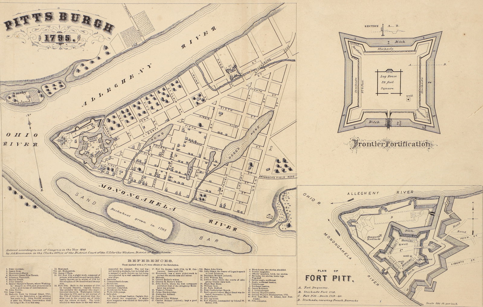 Pittsburgh 1795 Early Map of Showing Fort Pitt (1 of 3)