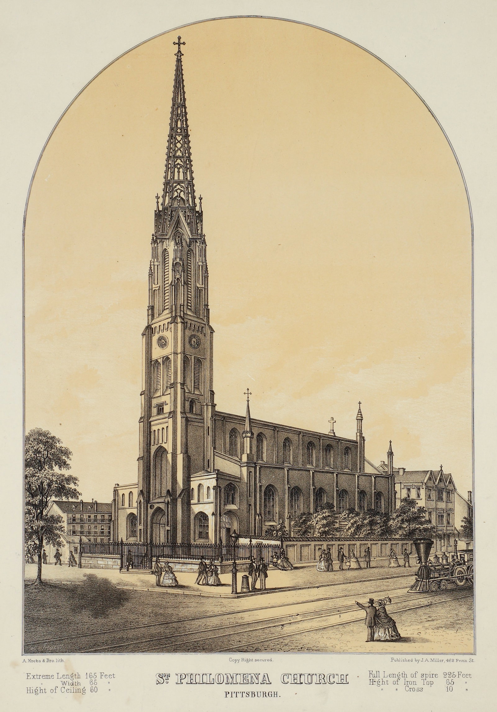 St Philomena Church Pittsburgh lithograph by Krebs: A. Krebs and Bro. lith, St Philomena Church Pittsburgh, 1859, lithograph, Inger, Christian, lithographer; Krebs, Adolph K., lithographer, 17.5 x 11.5 inches (sheet), unframed. Provenance: The personal