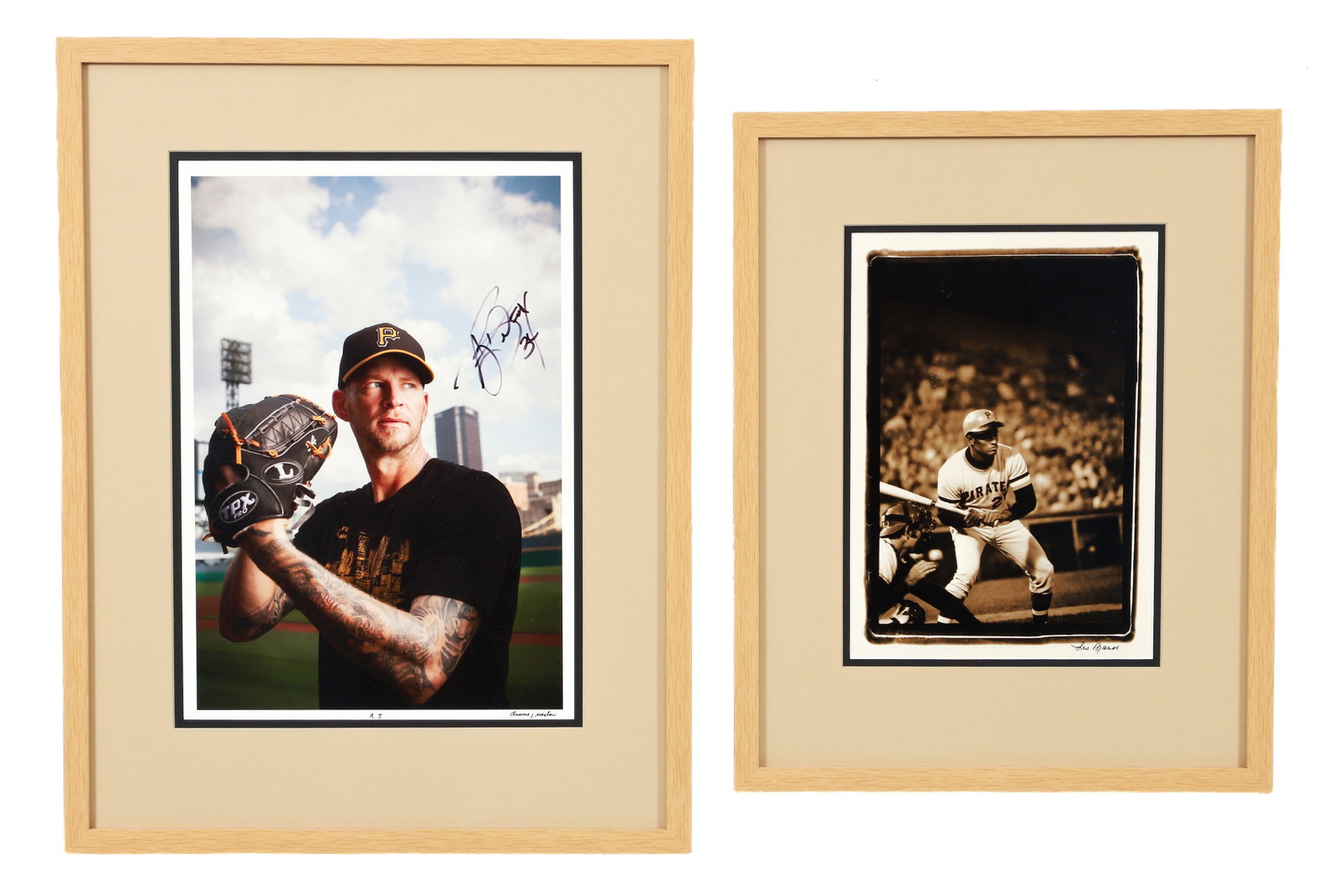 Les Banos Photo of Roberto Clemente, A.J. Burnett Signed Photo: 2 Pittsburgh Pirate photographs. Includes: Banos, Les (American, Pittsburgh Newspaper Photographer 1924-2012), Roberto Clemente, gelatin silver print, signed in ink at lower right margin. Image 12 x 8