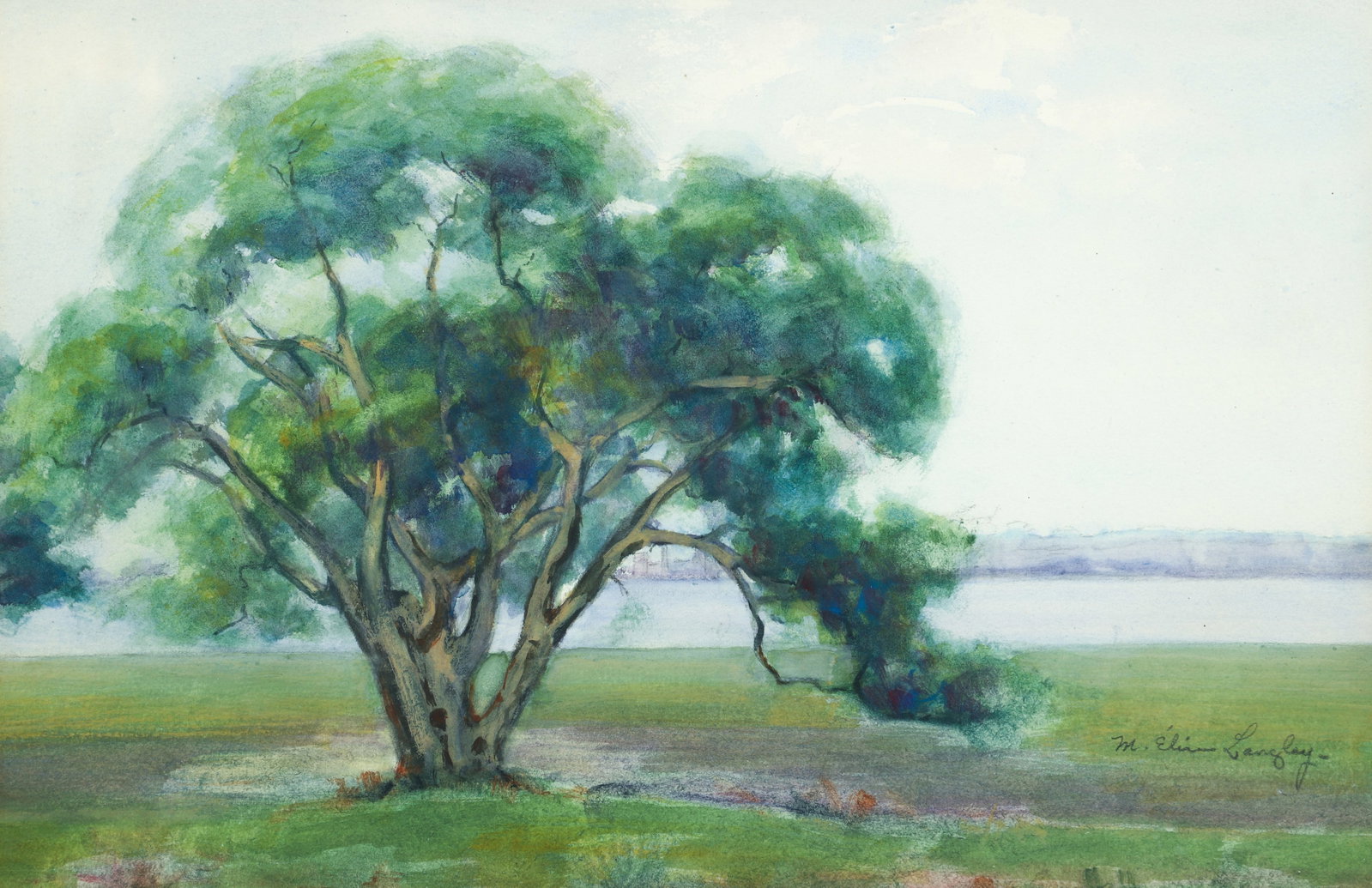 M. E. Langley watercolor Coastal Landscape with Large Tree: Langley, possibly M. Elinor (20th Century American), Coastal Landscape with Large Tree, watercolor, 9.75 x 14.5 inches, signed lower right, framed measuring 16 x 20 inches