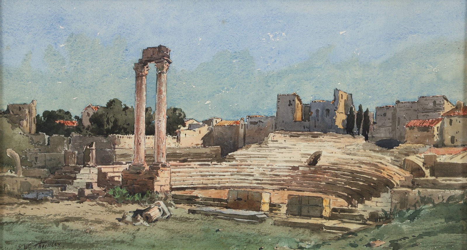 J. A. Thornely Roman Coliseum at Arles Watercolor: Thornely, J. A. (British, active late 19th century), Ruins: Roman Coliseum at Arles, France March 25th, late 19th century, watercolor, signed lower left, titled and dated upper left, sight 9.5 x 17.5,