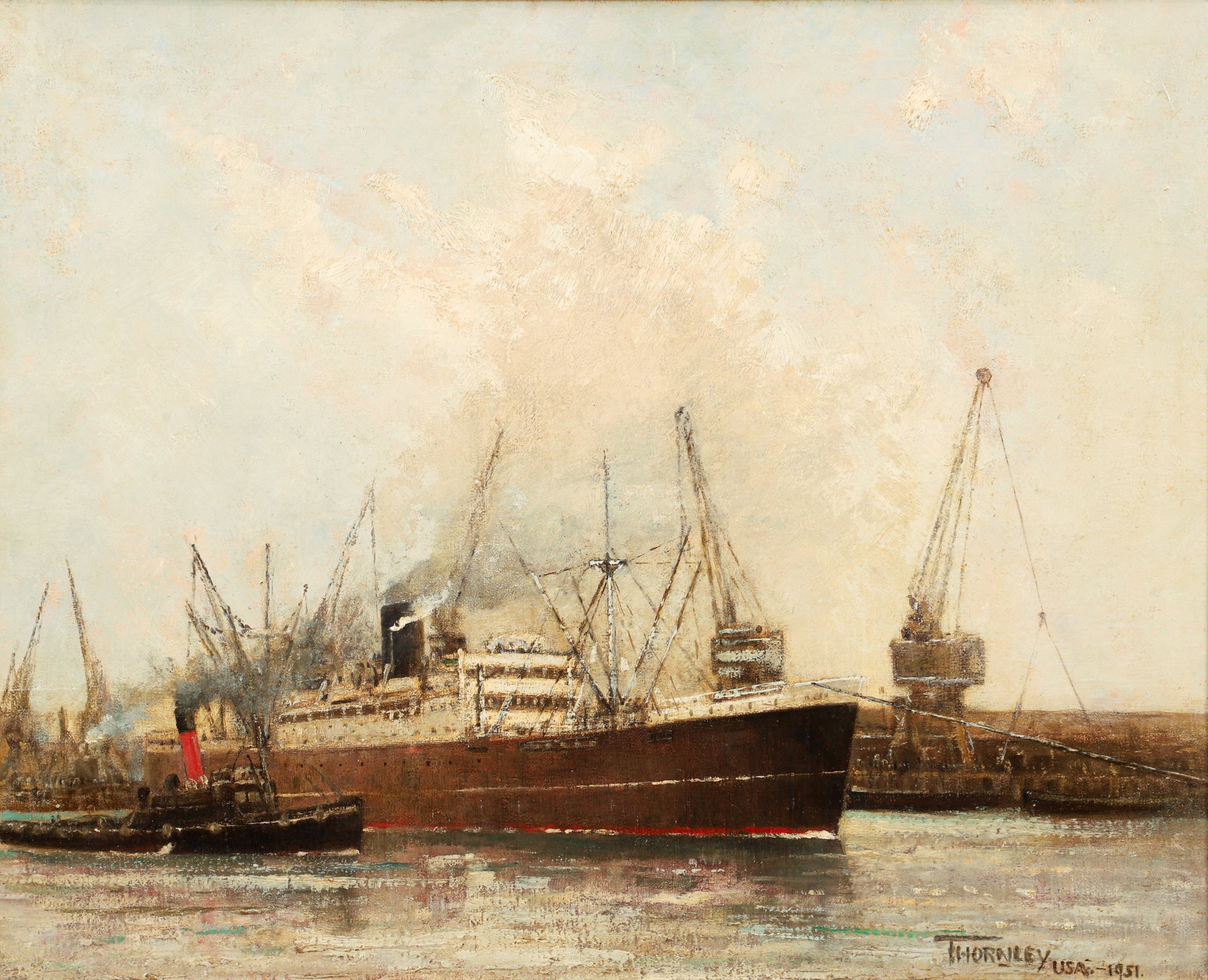 Morgan Thornley 1951 Oil on Canvas Nautical Scene with Steamships (1 of 3)