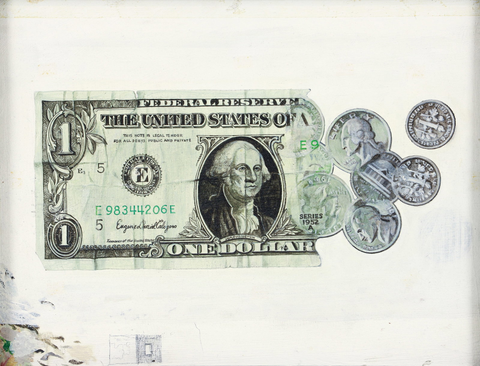 Eugene Daniel Calogero Dollar Bill and Coins Oil on Board 1952: Calogero, Eugene Daniel (Italian-American, b.1932), Dollar Bill and Coins, 1952, oil on board, signed (as the Treasurer!) and dated within the dollar bill, 14 x 18 inches, in a custom wood frame 21 x 