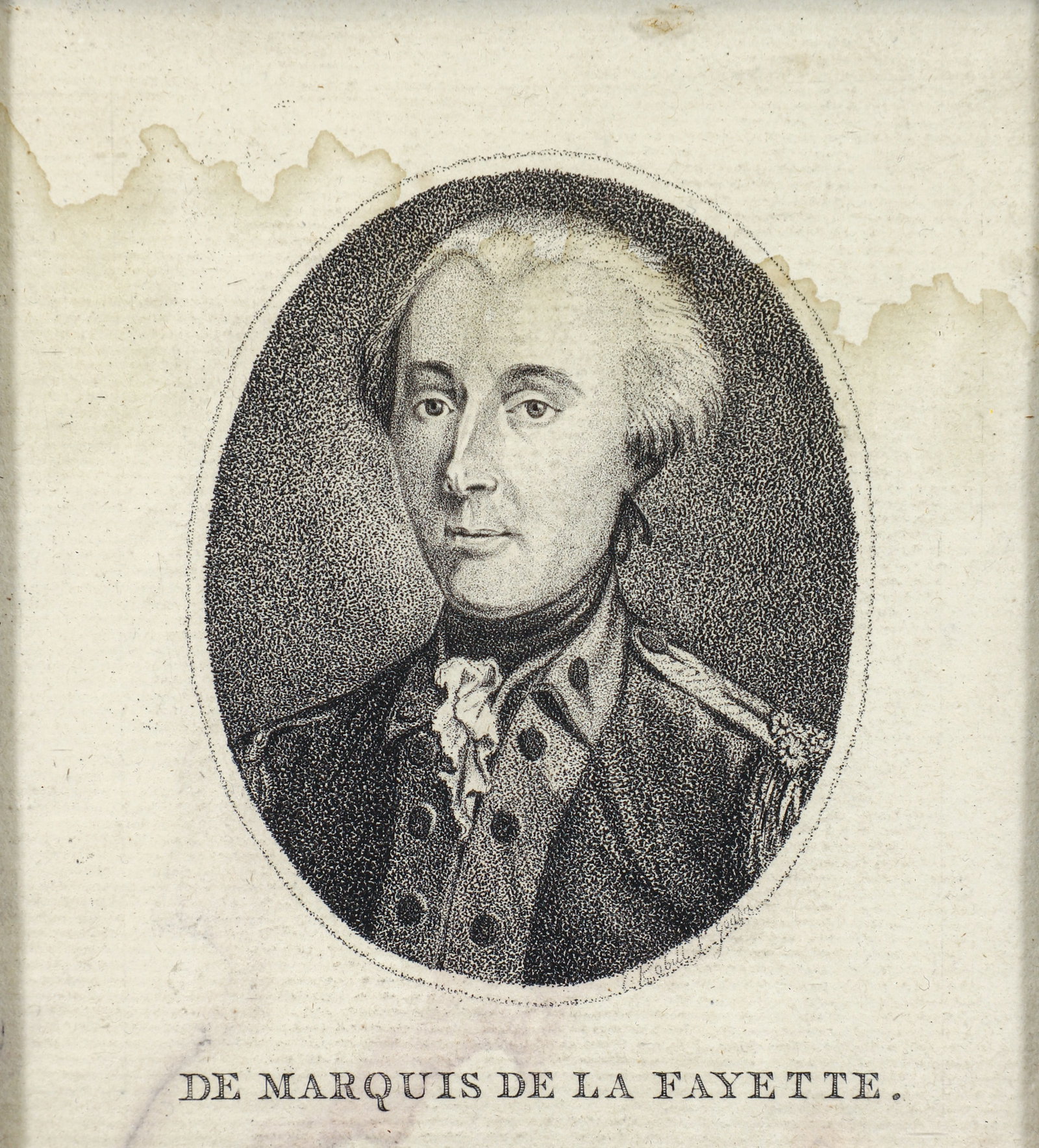 Antique Engraving of the Marquis de La Fayette: 19th century engraving, Portrait of The Marquis de La Fayette, on cream laid-paper, appears to be signed in the plate I Robull and F Gouda or something similar, image size 3.25 x 2.5 inches, sheet siz