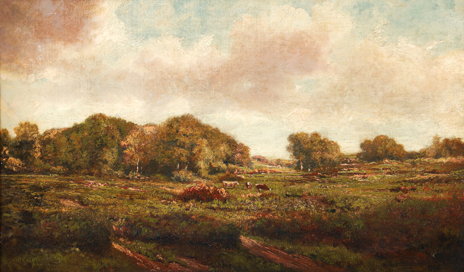 Early 20th Century American Landscape 1906: Early 20th Century American School, Bucolic Landscape, 1906, oil on canvas, relined, 12 x 20 inches, signed indistinctly lower right and dated 1906. framed in a period compo frame with scrolling measu
