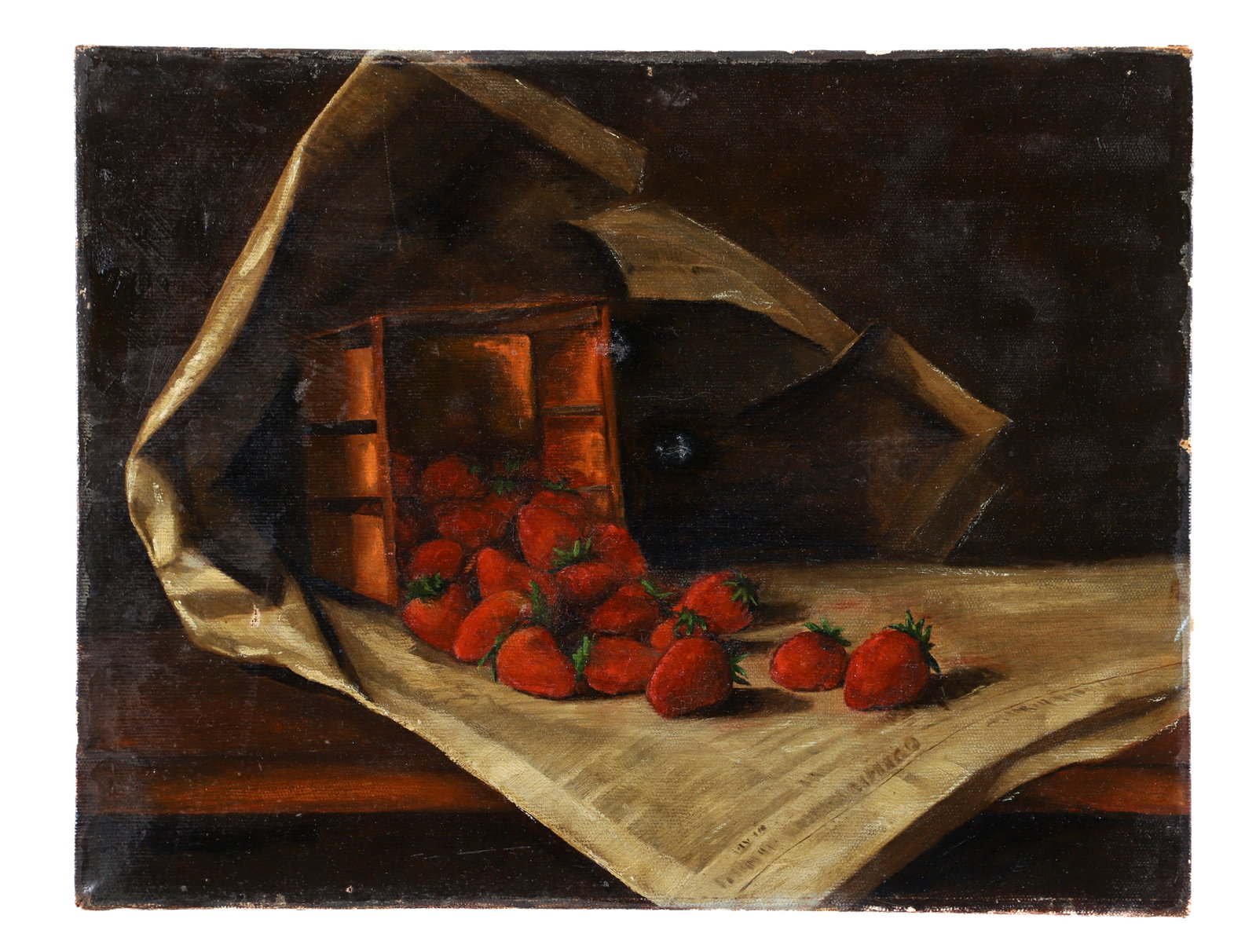 19th Century School painting Basket of Strawberries: 19th Century American School, Basket of Strawberries, oil on canvas, 14 x 18 inches, unframed, Provenance: The personal collection of Gary S. Grimes, Pittsburgh. Gary was an expert on Western Pennsylv