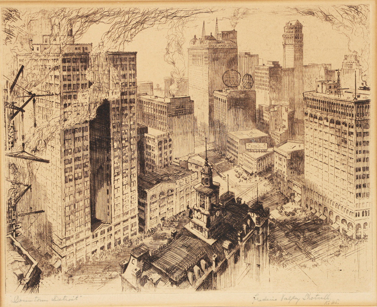 Frederic Shotwell 1920s etching Downtown Detroit (1 of 4)