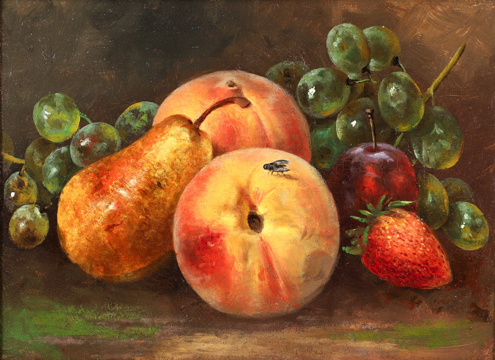 Fruit Still Life painting with resting Fly: 19th or Early 20th Century School, Fruit Still Life with Peaches, Grapes, Pear, Strawberry with a Fly Resting on the Peach, oil on canvas mounted on paperboard, 7 x 9.75 inches, seemingly unsigned fra
