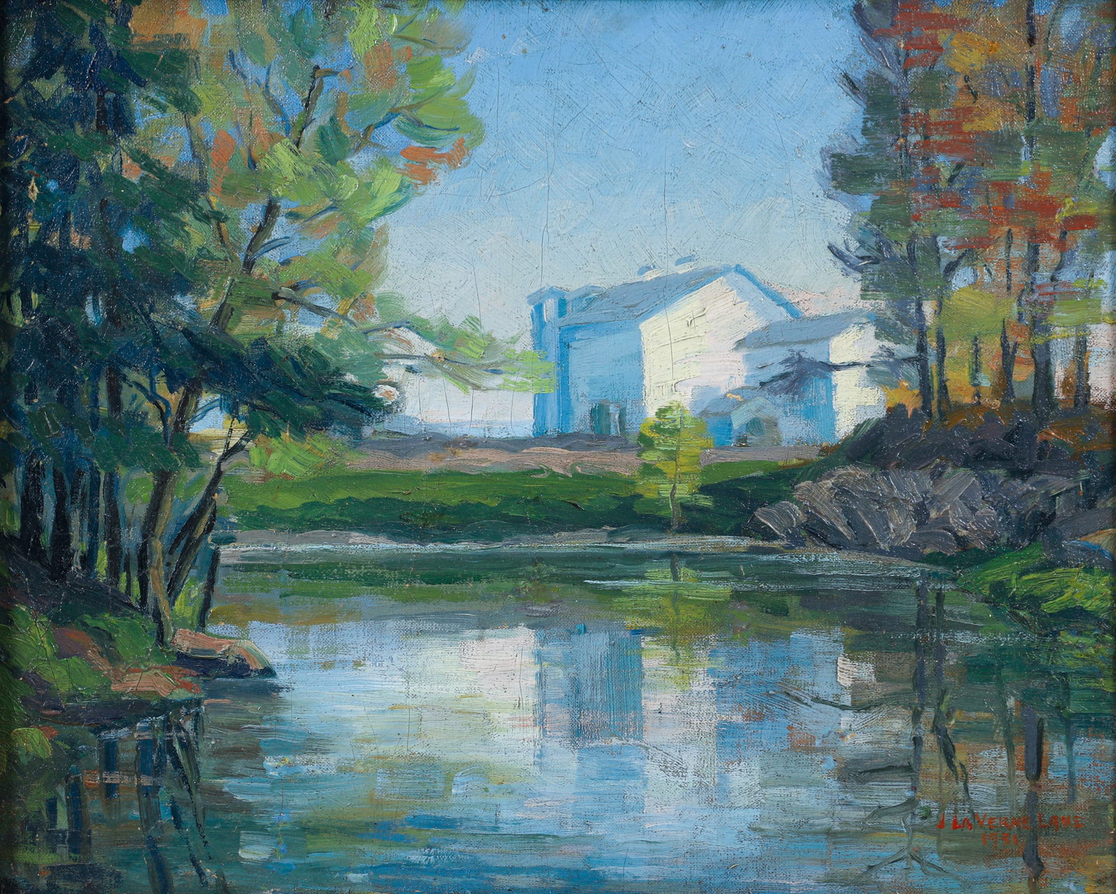 Julian La Verne Lane 1931 oil Farm Houses by a Lake: Lane, Julian Laverne (American/Nevada 1899-1964), Farm Houses by Lake, 1931, oil on canvas on board, 16 x 20 inches, signed and dated lower right, framed with a custom tinted wood frame measuring 23 x