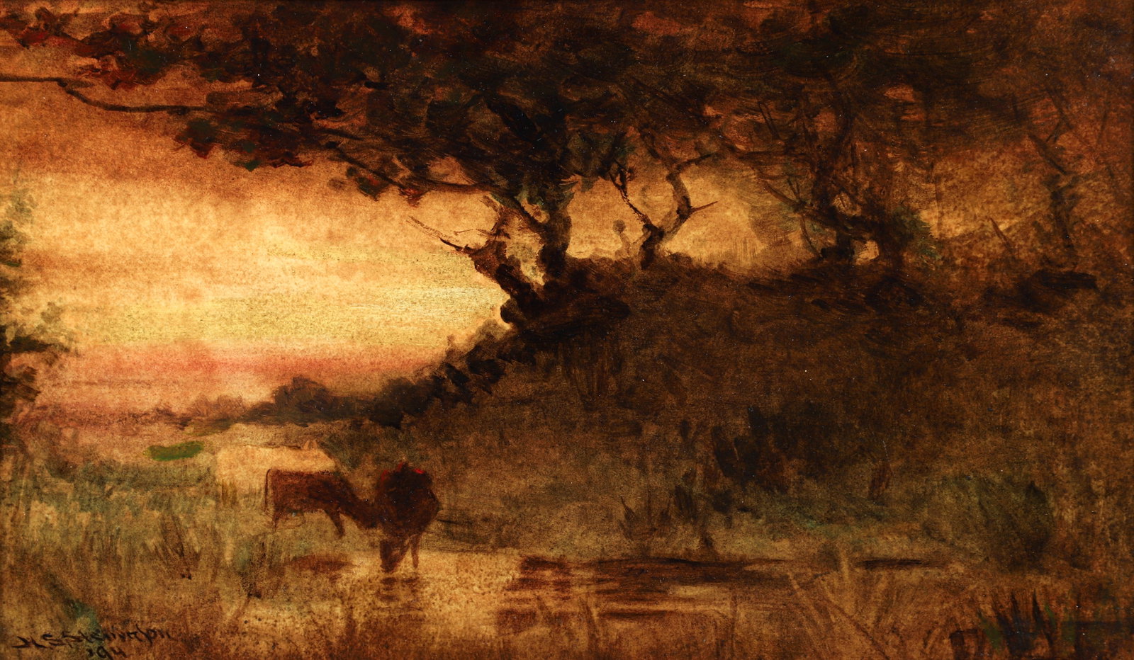 Twilight Landscape by Follower of Albert Pinkham Ryder: Follower of Albert Pinkham Ryder, Cows Grazing in a Twilight landscape, oil on artist's board, 10 x 16.5 inches, signed indistinctly lower left, framed measuring 15.5 x 22.5 inches. Provenance: The pe