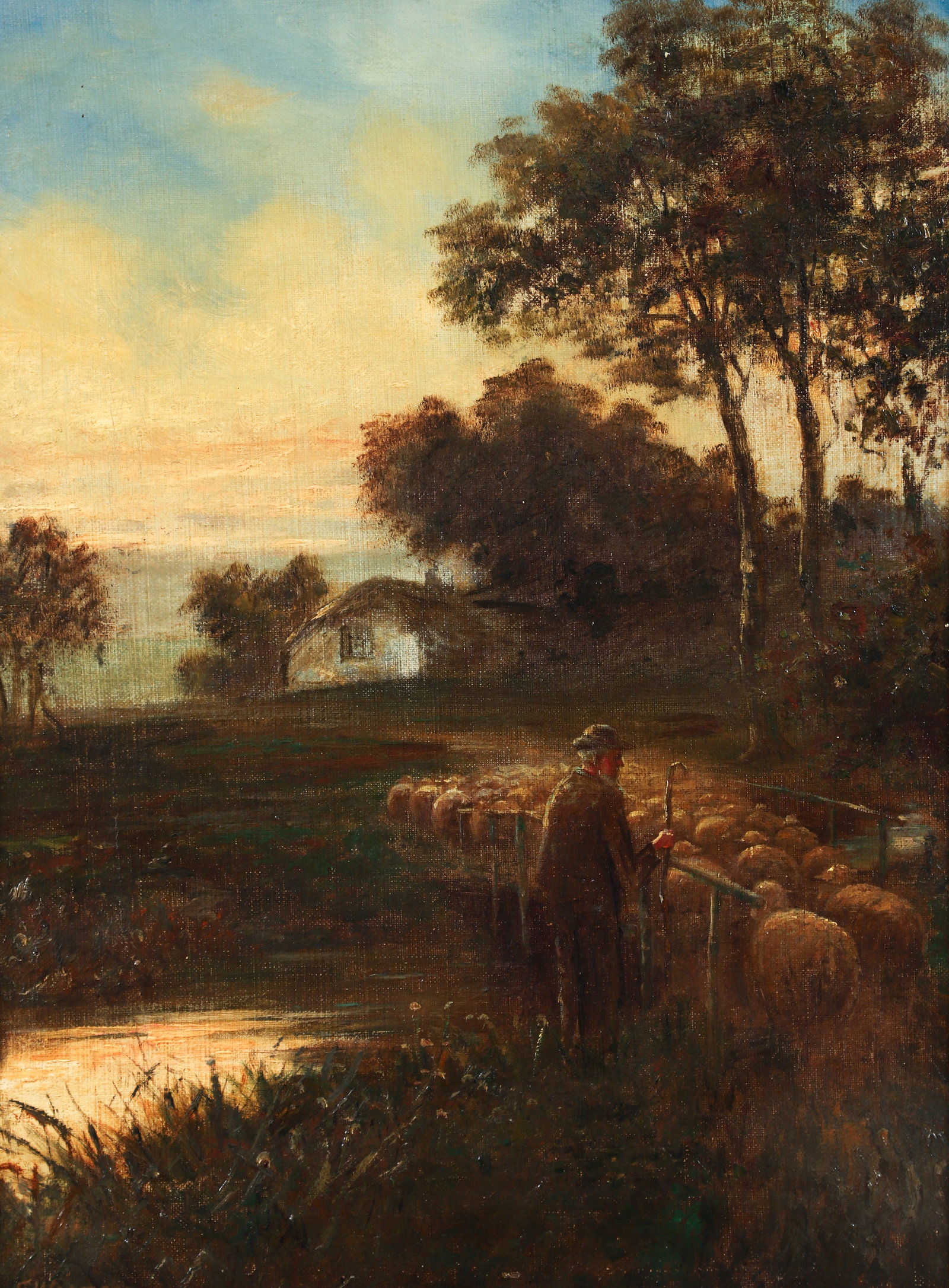 Frank Walters Oil on Canvas Shepherd with Sheep: Walters, Frank (British, 19th/20th century), Shepherd with Sheep, oil on canvas, signed at lower left. Canvas 20 x 15 inches. In a 25.5 x 20.5 inch floral and foliate gilt frame.