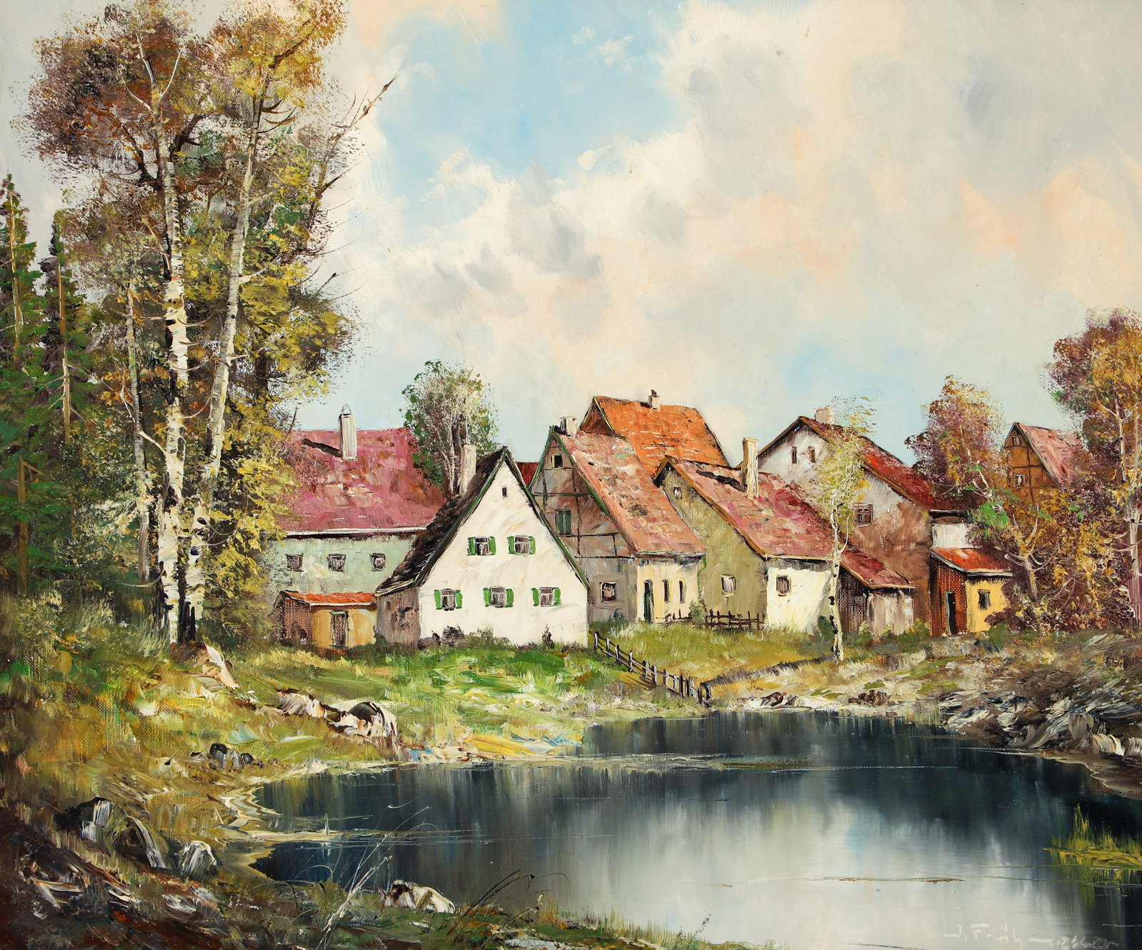 Joseph Fruhmesser Oil on Canvas Lakeside Village (1 of 4)