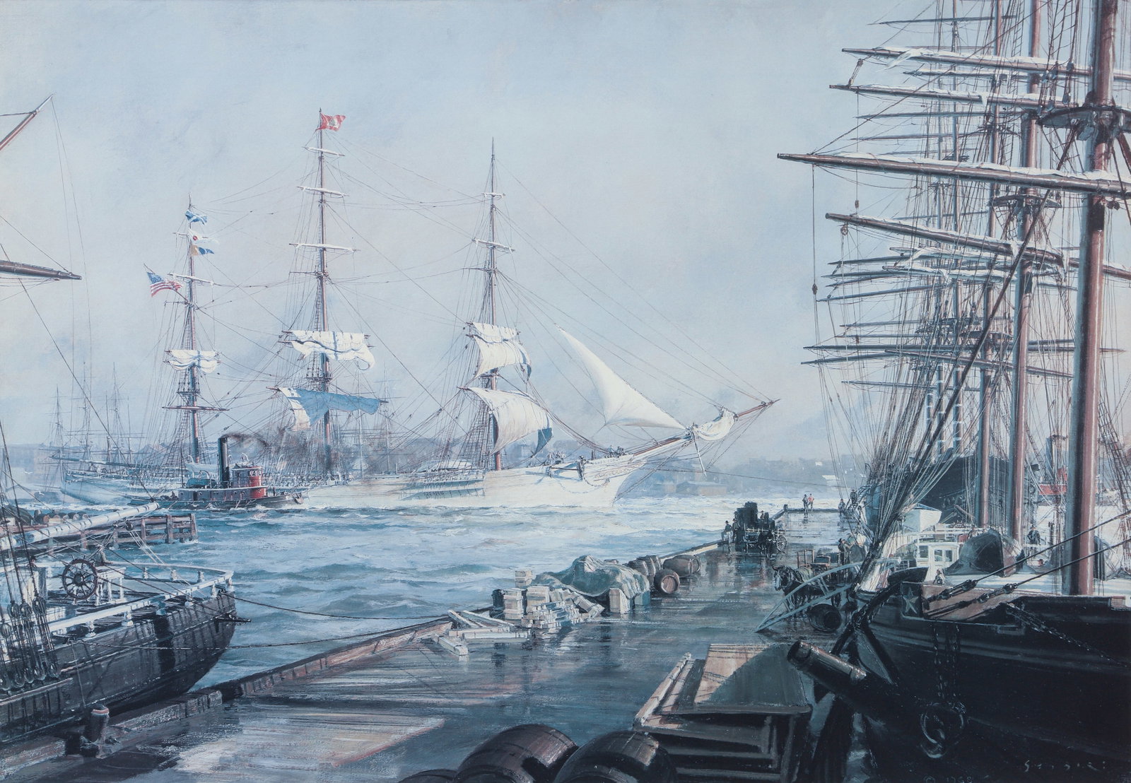 John Stobart signed litho New York Abner Coburn leaving for San Francisco: Stobart, John (British/American 1929-2023), New York The Abner Coburn leaving The East River for San Francisco in 1886, offset lithograph, 20.5 x 29 inches (image size), pencil signed and numbered 102