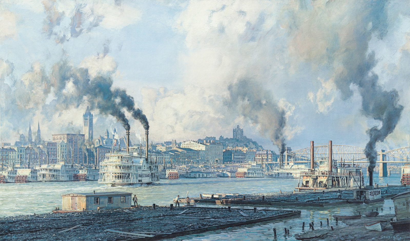 John Stobart Signed Lithograph Pittsburgh, Monongahela Waterfront in 1900 (1 of 3)