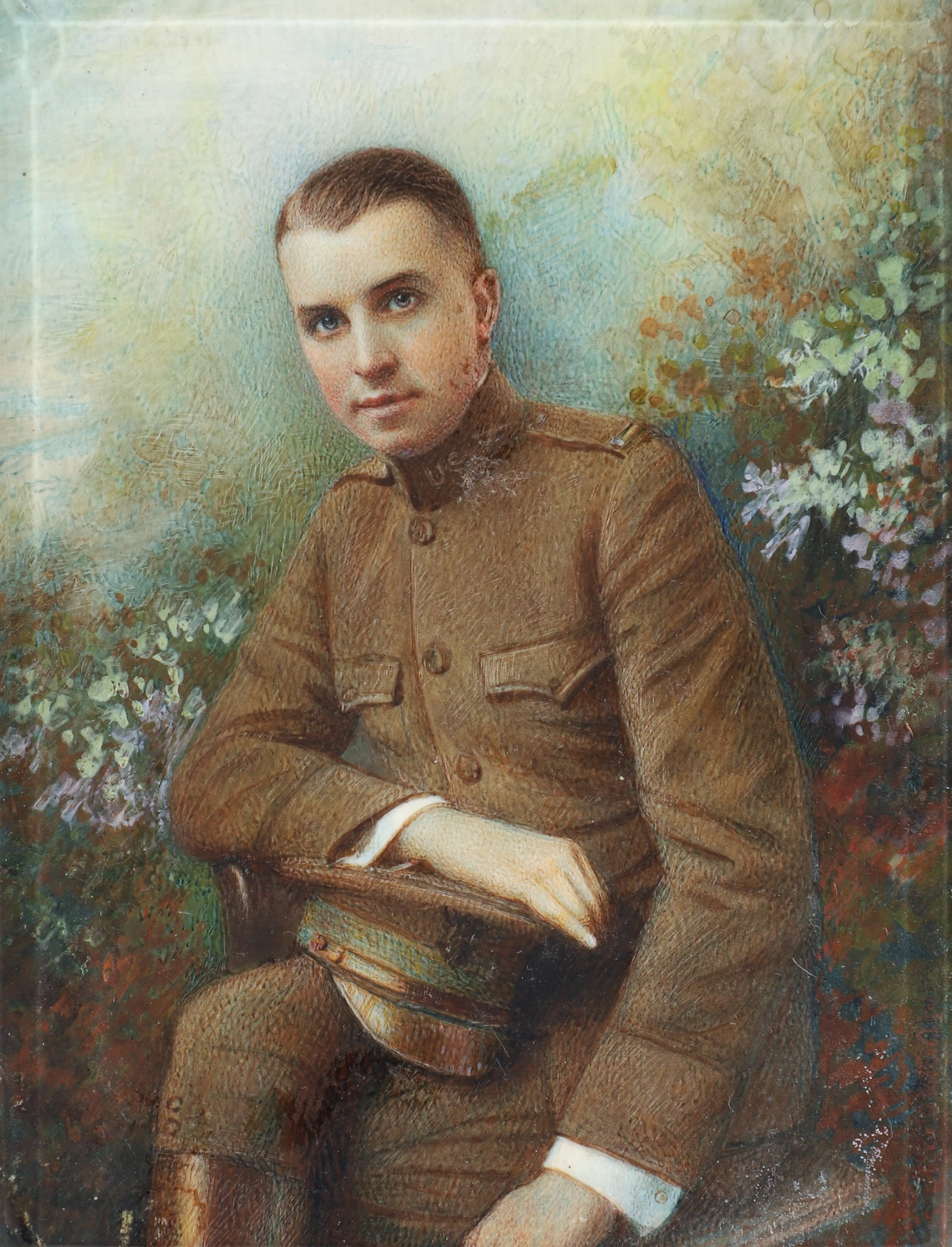 Cased painting of Seated WWI Soldier (1 of 3)