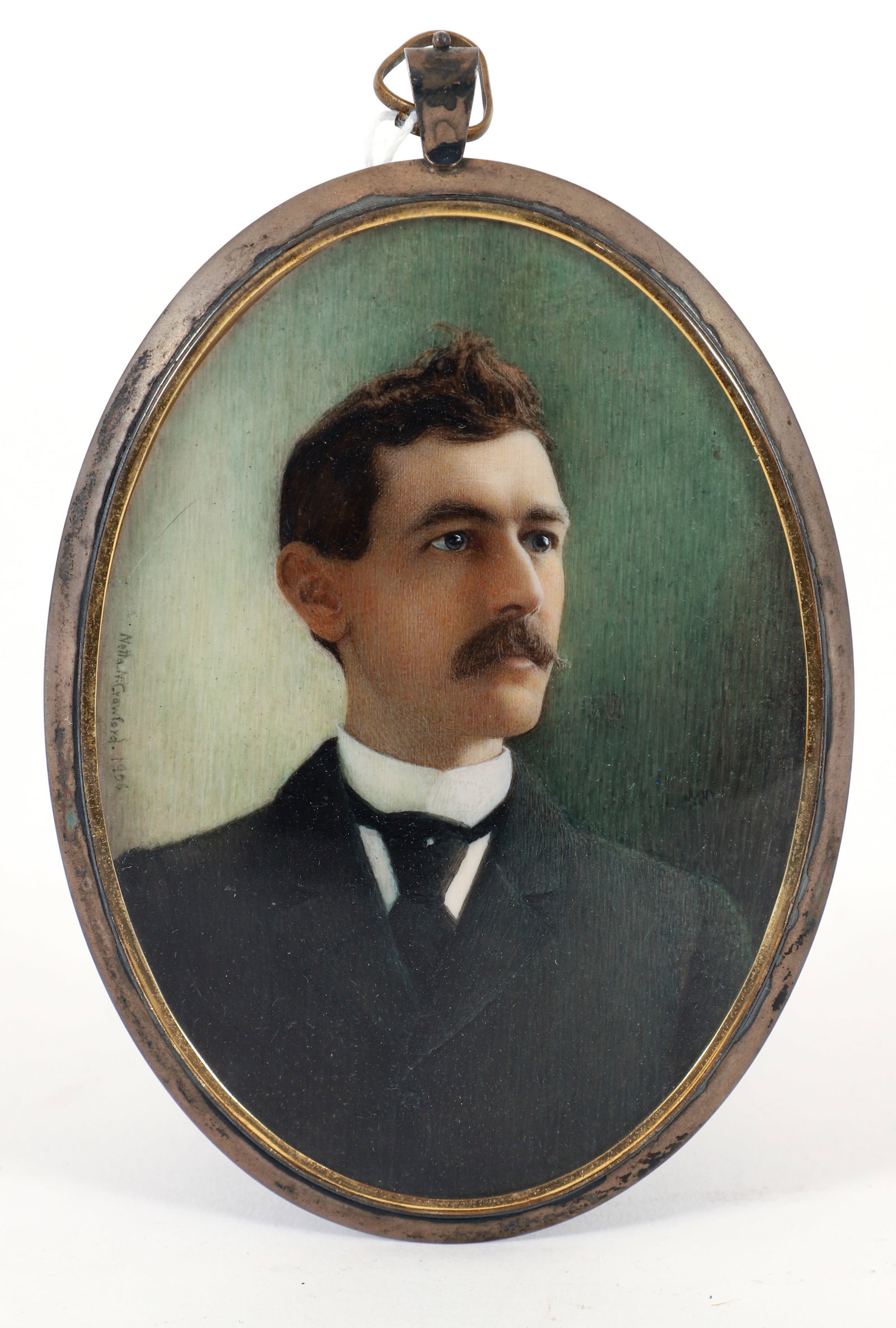 Netta Crawford 1906 miniature portrait of a Young Man: Crawford, Brenetta Herrman (American 1875-1956), Portrait of a Young Man, 1906, painting, 4.5 x 3.25 inches, signed and dated along the left center edge, framed in a metal case, 5.75 x 3.75 inches