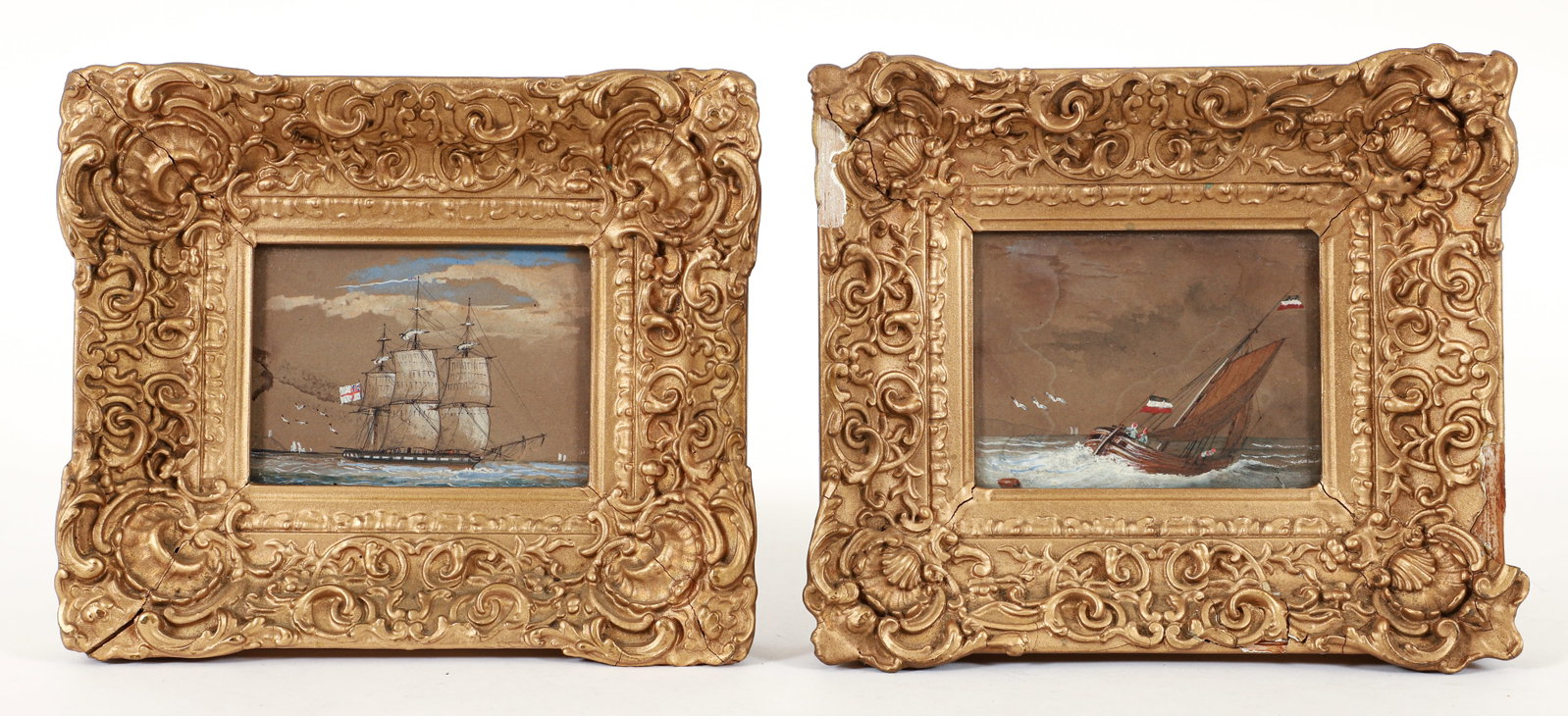 Pair of framed English watercolor drawings of Sailing Vessels: 19th or Early 20th Century English Maritime School, Boats under sail with English Flags, image 3.5 x 4 inches, framed measuring 7.5 x 9 inches, Provenance: Maxwell Galleries, San Francisco, Ca.