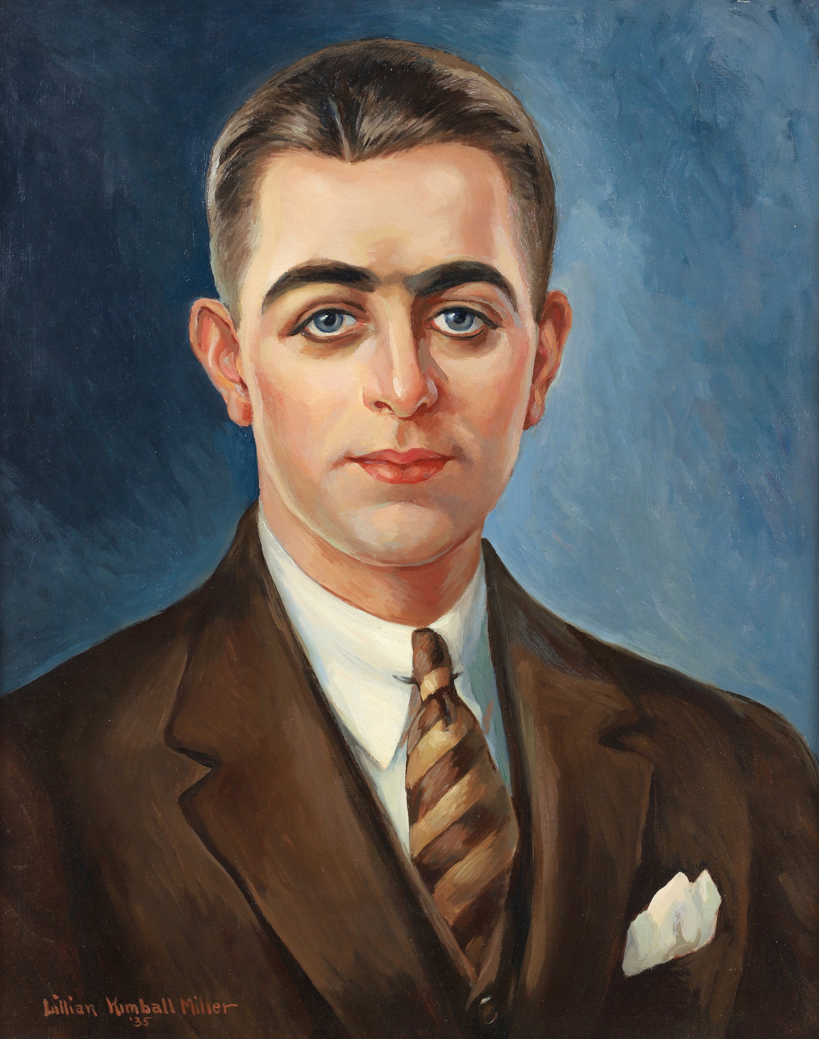Lillian Kimball Miller Oil on Canvas Portrait 1935: Miller, Lillian Kimball (American, 20th century) Portrait of a Young Man, 1935, oil on canvas, signed and dated at lower left. Canvas 20 x 16 inches, behind glass, and in a 24 x 20 inch frame.