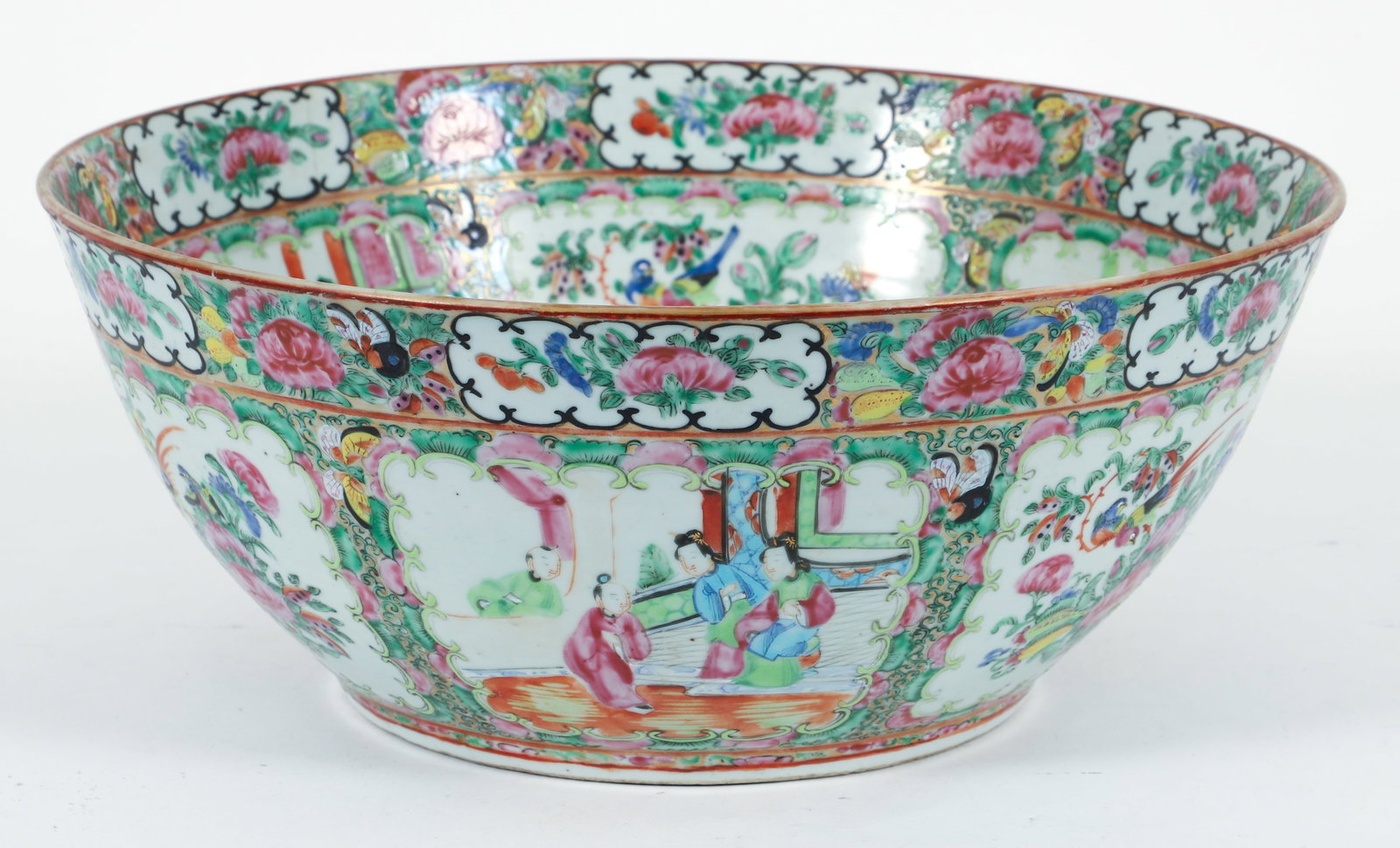 Chinese Rose Medallion Export Porcelain Punch Bowl: Early Chinese Rose Medallion/ Famille Rose export porcelain punch bowl depicting various domestic scenes and birds and roses. 6 x 14.5 inches.