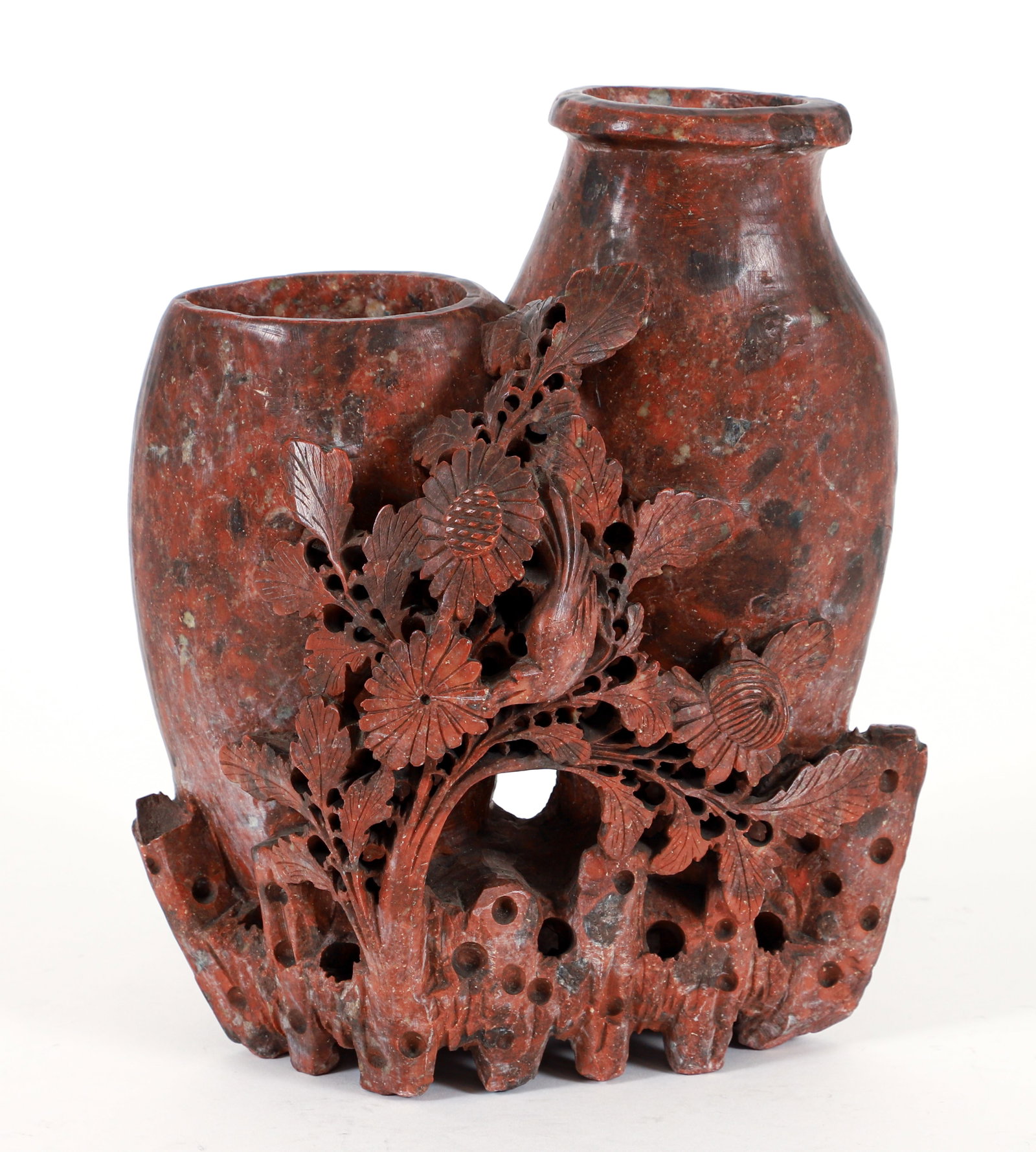 Carved Chinese Soapstone Double Vase: Carved soapstone floral motif double vase, 20th century. Apparently unsigned and unmarked. 10.25 x 8 x 5 inches.