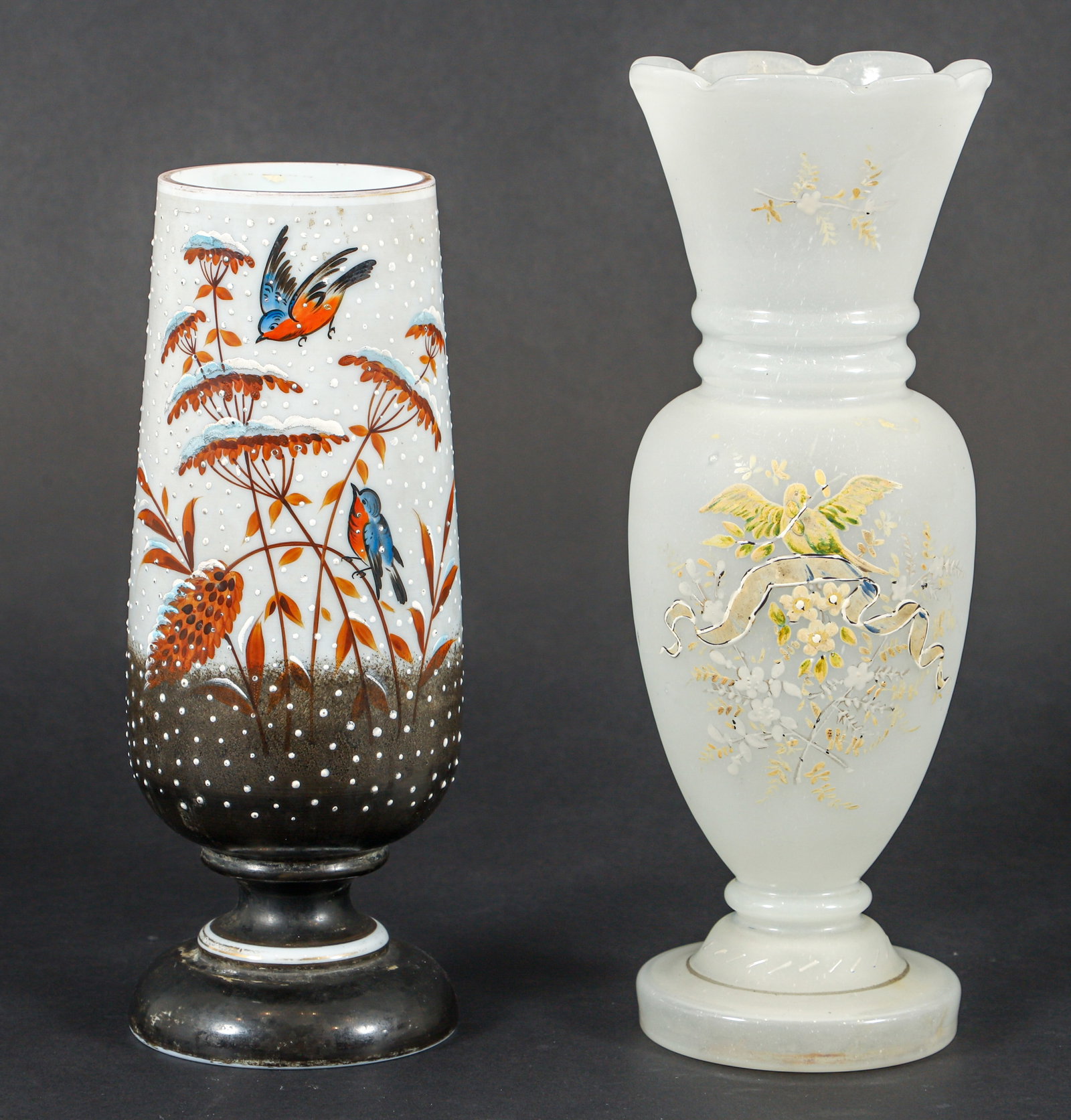 2 Bristol Decorated Enamel Glass Vases: Bristol Glass Vase with hand enameled decoration Winter Blue Birds, measuring 10.75 inches with decorated Clambroth glass with nesting dove on a branch 12 inches