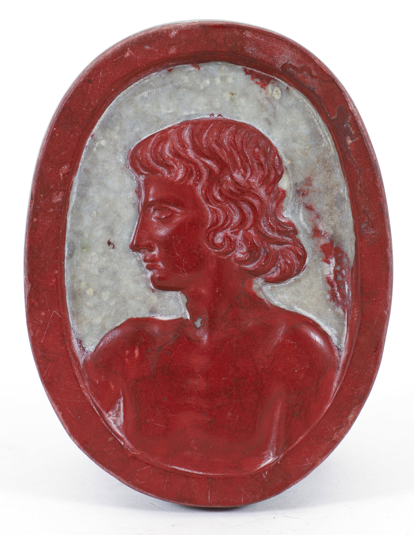 Victorian carved ceramic and glass Biface Rondel: BiFace Rondel, sculpted busts of Roman Nobleman and Young Athlete, 6 x 4.75 x .75 inches