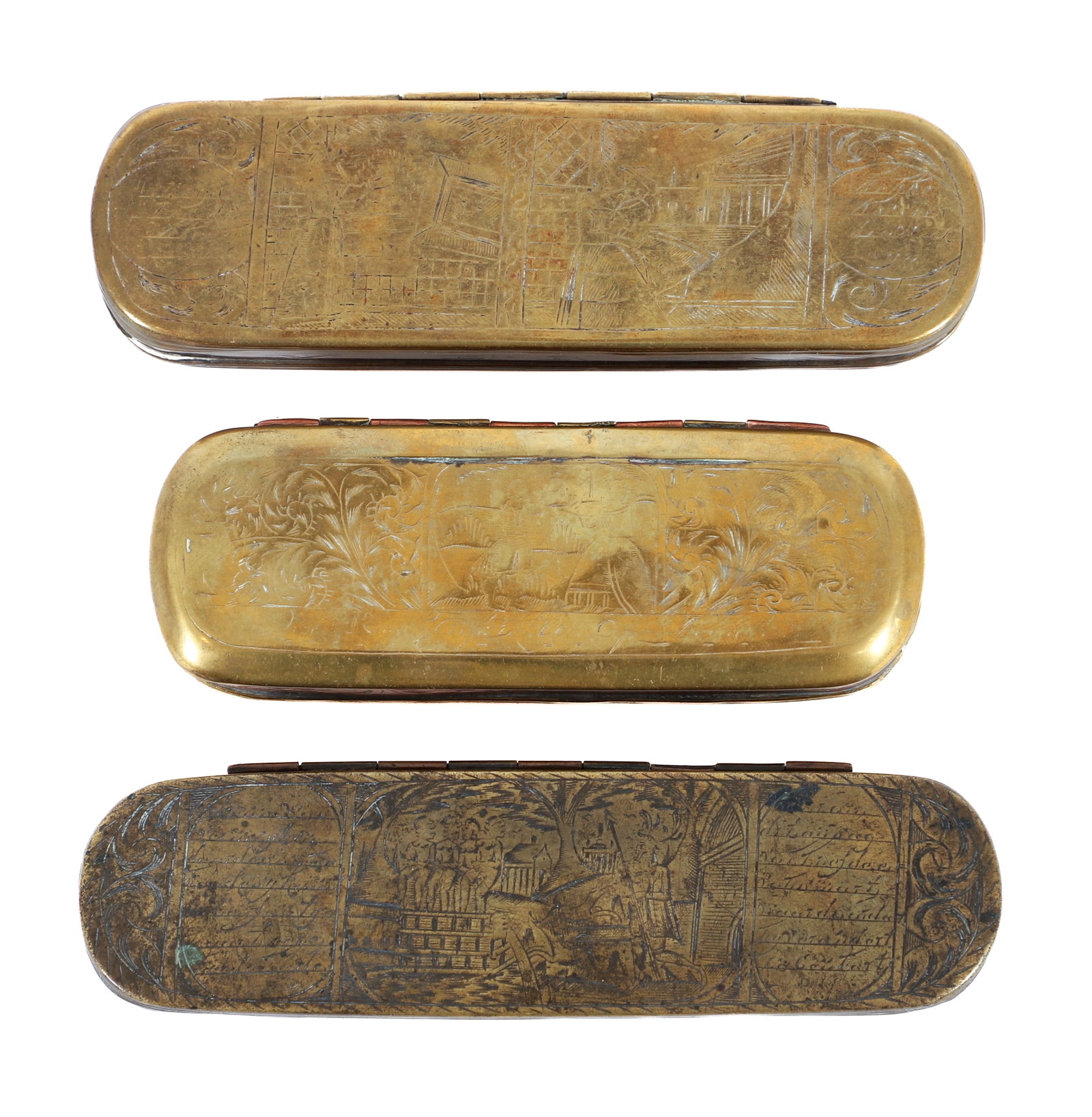 Three 18th Century engraved Tobacco Boxes: Copper and brass lidded Tobacco Boxes with engraved decoration and inscriptions, approx. 1.25 x 6.5 inches,