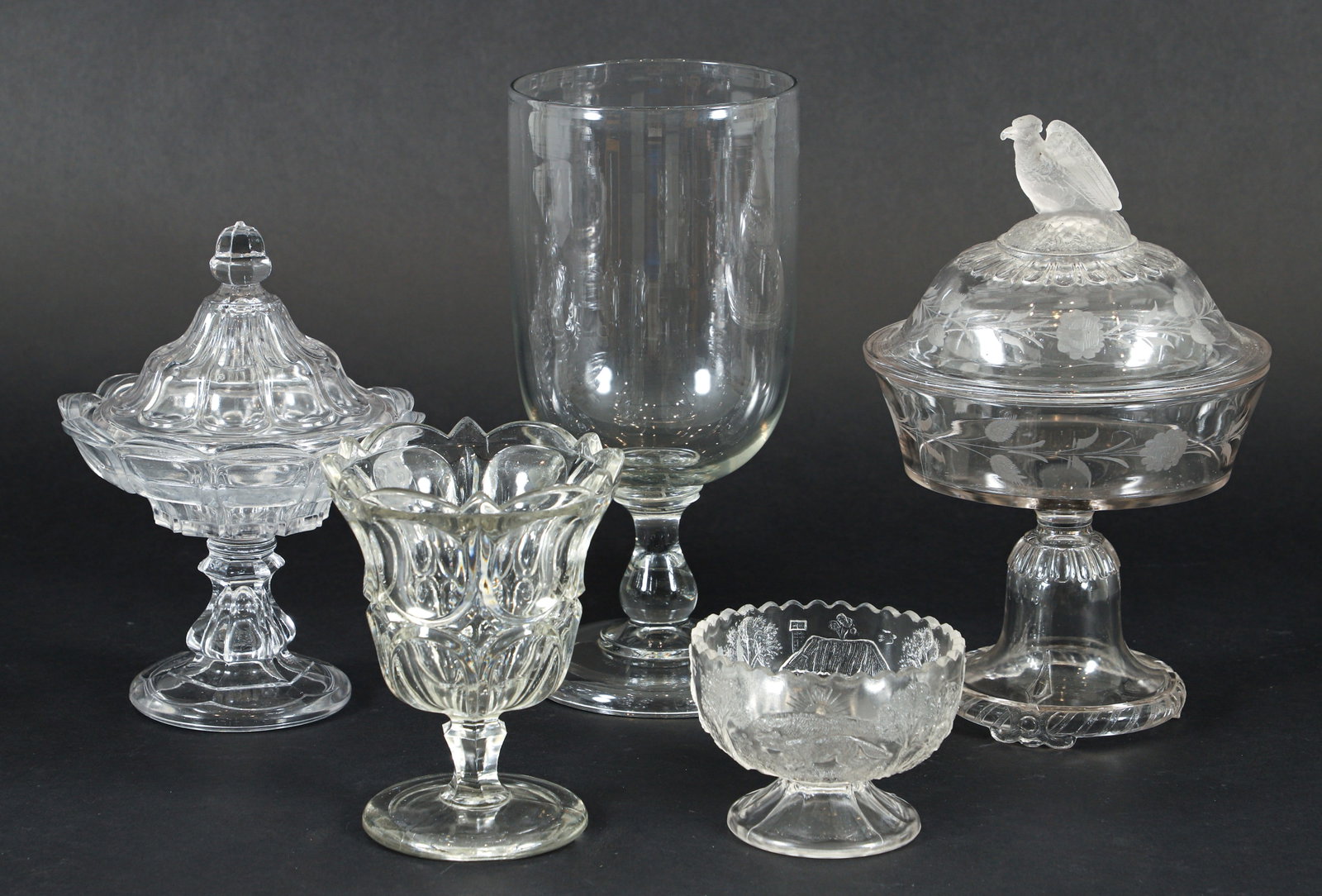 5 pieces 19th Century Antique American Glass: including 1)clear glass compote commemorating 'Old Abe The War Eagle' circa 1881, 11.5 inches tall, 2) blown and Molded Trifle Glass Vase , 11.5 inches tall, clear glass circa 1850, 3) Excelsior