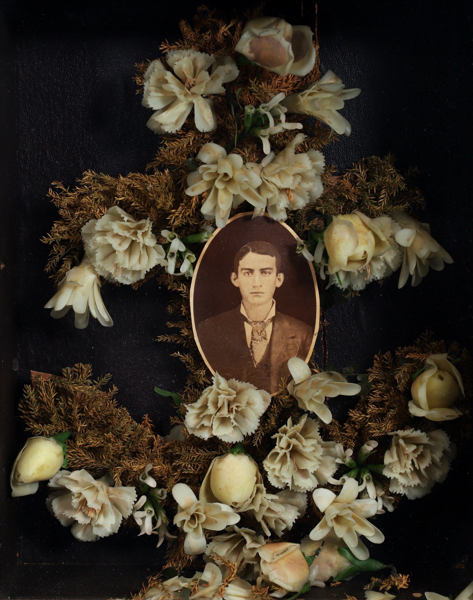 Funeral Flower Shadow Box Memento Mori: Preserved flowers and ferns in a shadow box with a photo of the deceased, 15 x 12.75 x 6 inches,