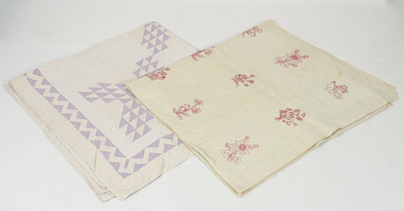Pair of Quilts Mid 19th C. Ocean Waves Pattern with Floral Hand Stitched (1 of 6)