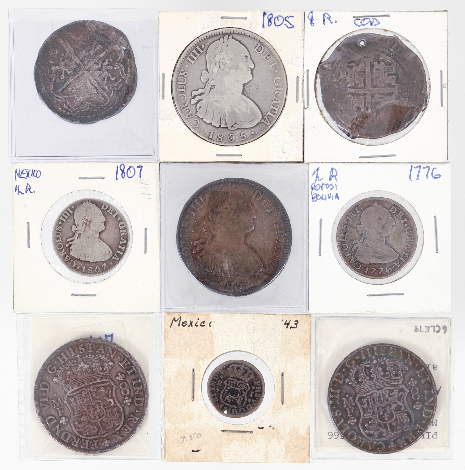 Collection of 9 South American Coins, including Reales, Mexican, Bolivian, Columbian (1 of 4)