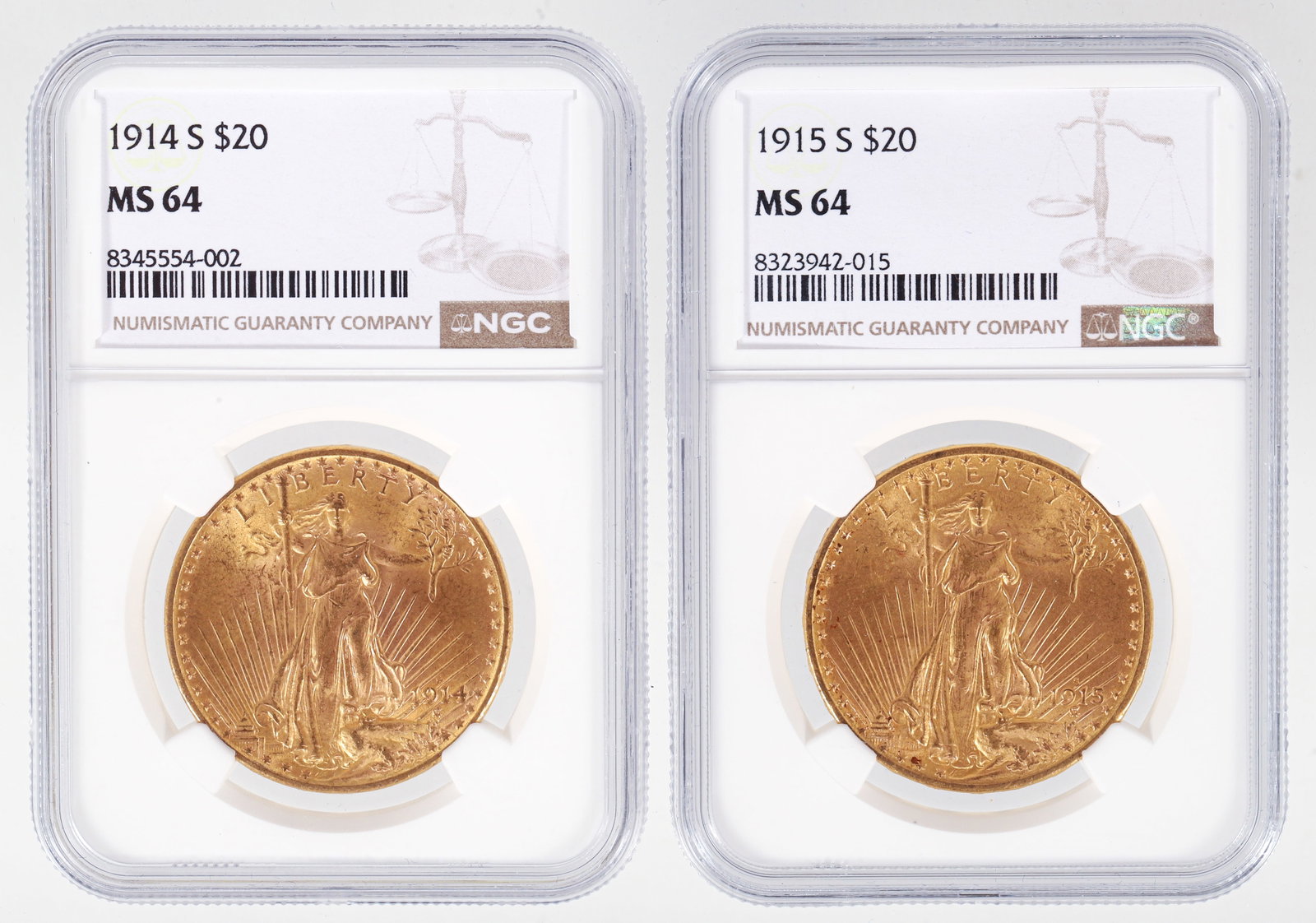Pair of Graded Saint-Gaudens 20 Dollar Gold Coins 1914 and 1915: Pair of Graded Saint-Gaudens $20 Double Eagle Gold Coins, 1914 and 1915, both MS 64 by NGC, in case and protective box. Provenance: Rare Collectibles TV. Please Note: Payment for this lot (and all oth