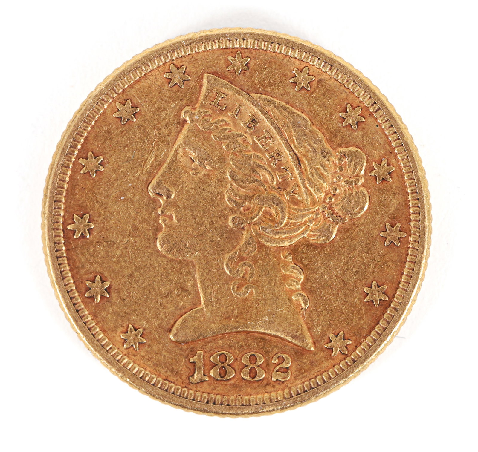 US $5 Liberty Head Gold Coin 1882: 1882 $5 Gold Liberty Head Coin by Gobrecht Uncertified, 1882 $5 Gold Liberty Head Coin, 1882 $5 Gold Liberty Head coin, featuring exquisite craftsmanship and historical significance. This coin, design