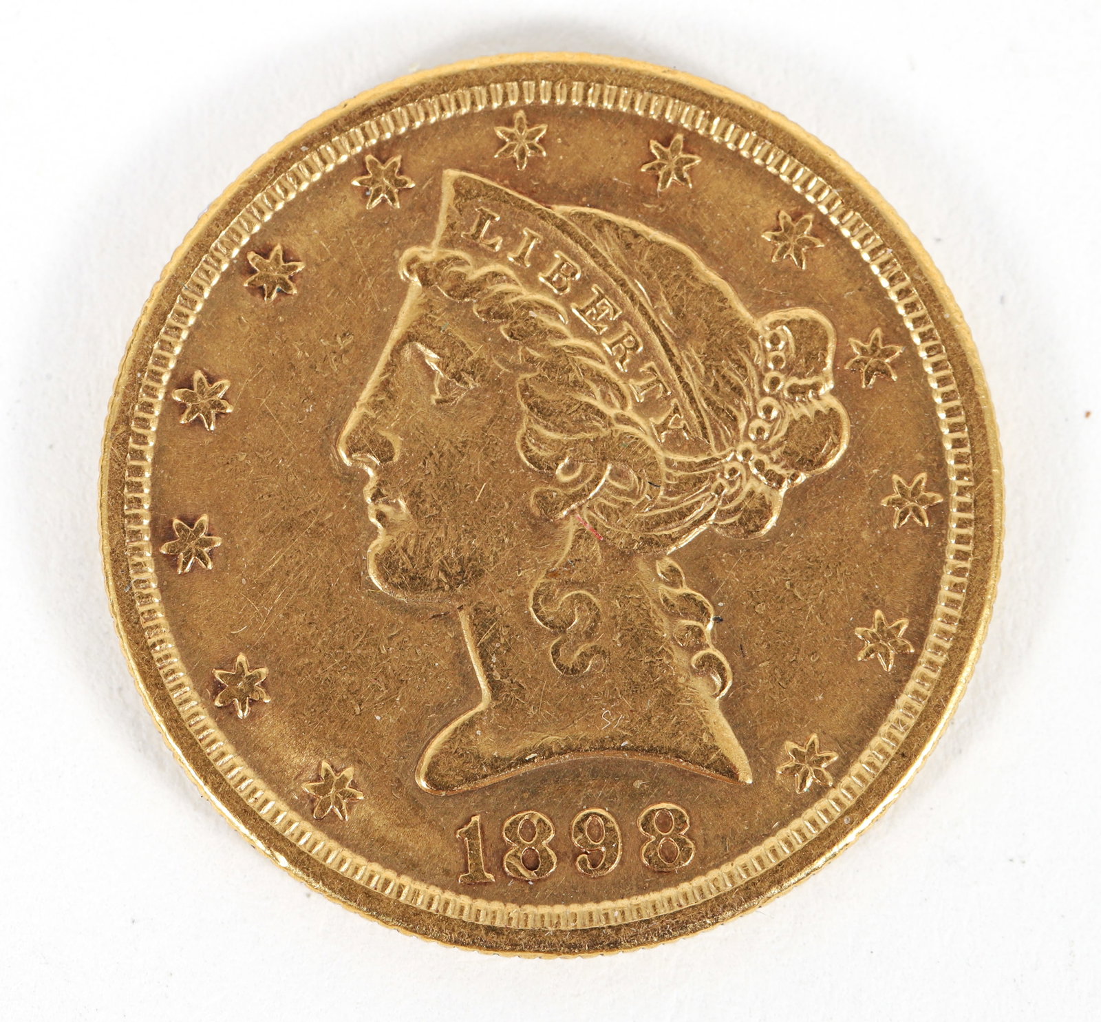 1898 Liberty Five Dollar Gold Coin San Francisco Mint: 1898 Liberty Five Dollar Gold Coin San Francisco Mint, with nice detail. Please Note: Payment for this lot (and all other coin, gold and silver lots) can only be made by Wire/ACH Transfer, cashier's c