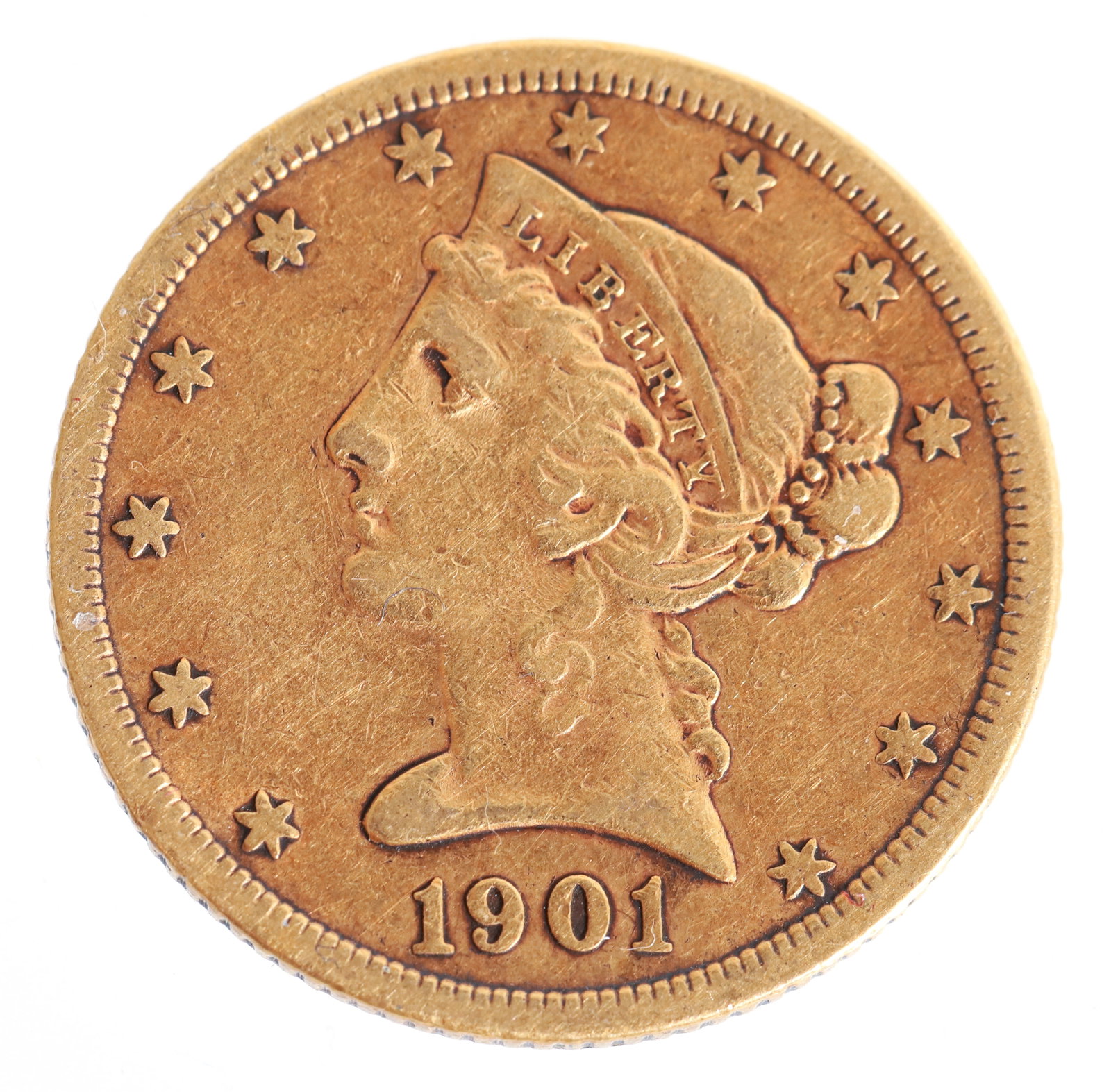 Liberty Head $5 1901-S Gold Coin: This antique Five Dollar Liberty Head Coin features a left facing Lady Liberty profile on the obverse with 13 stars circling the coin and the year of the minting on the bottom. On the reverse it has a