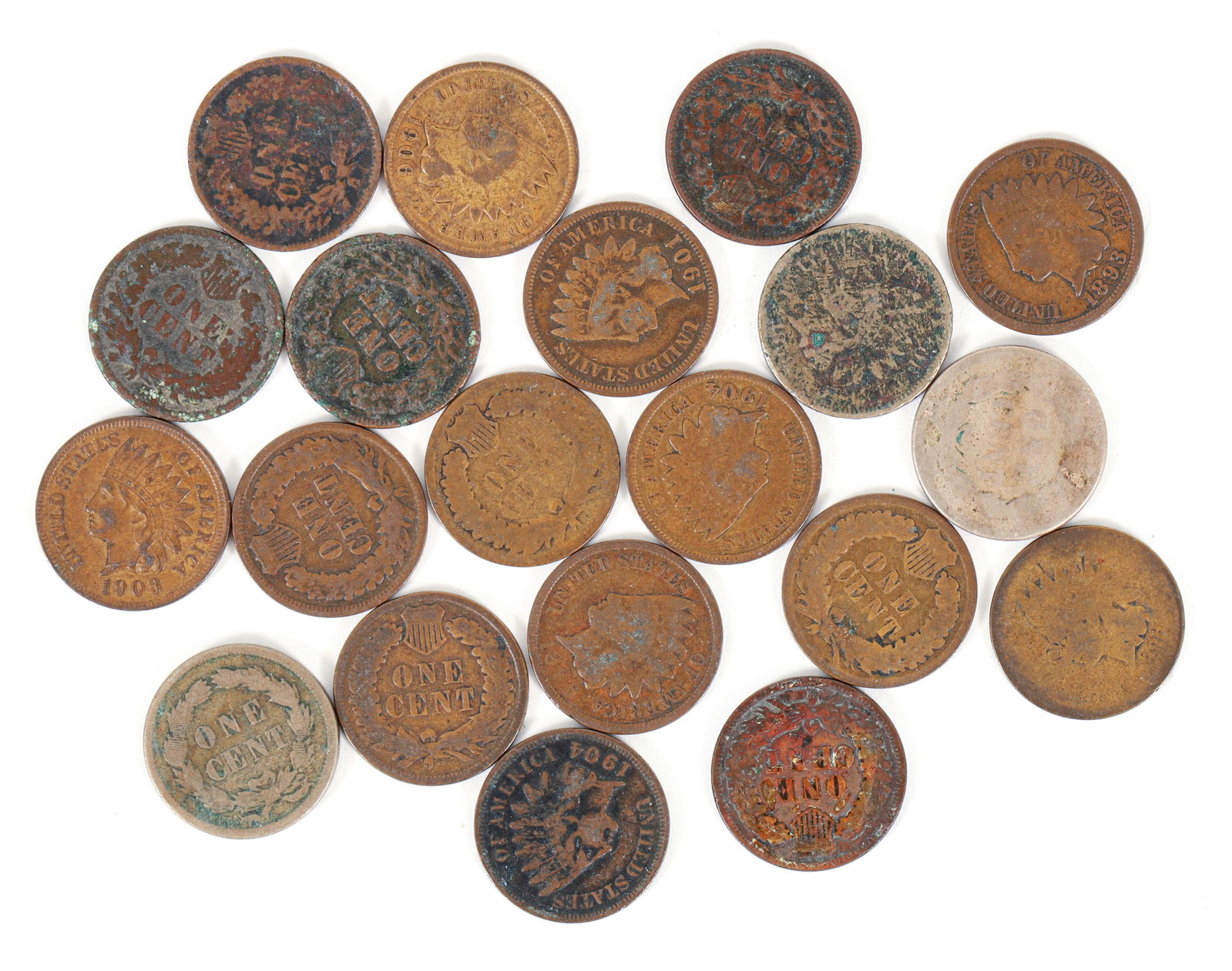 20 Indian Head Pennies: 20 Indian Head Pennies, various dates. Please Note: Payment for this lot (and all other coin, gold and silver lots) can only be made by Wire/ACH Transfer, cashier's check or cash.